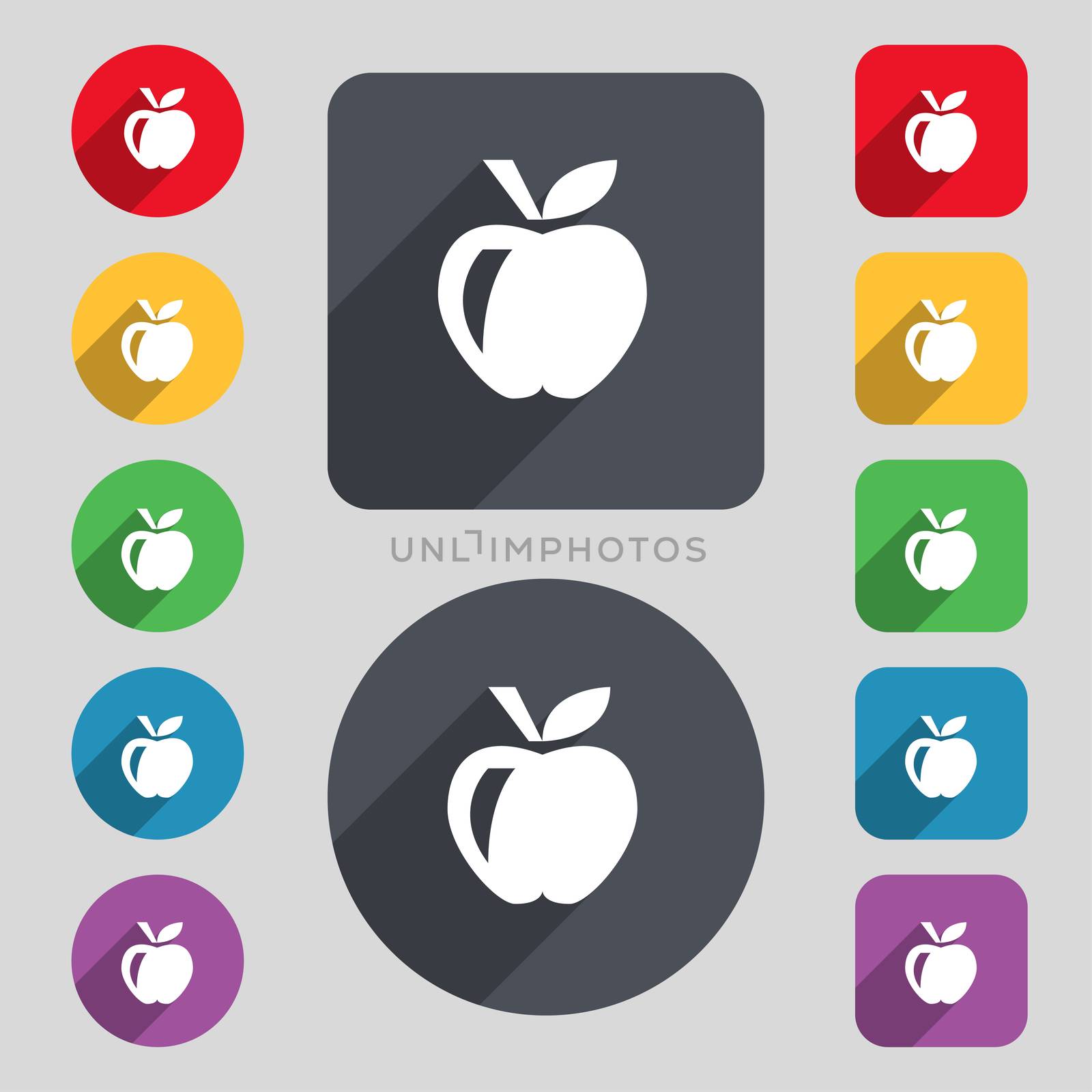 Apple icon sign. A set of 12 colored buttons and a long shadow. Flat design.  by serhii_lohvyniuk