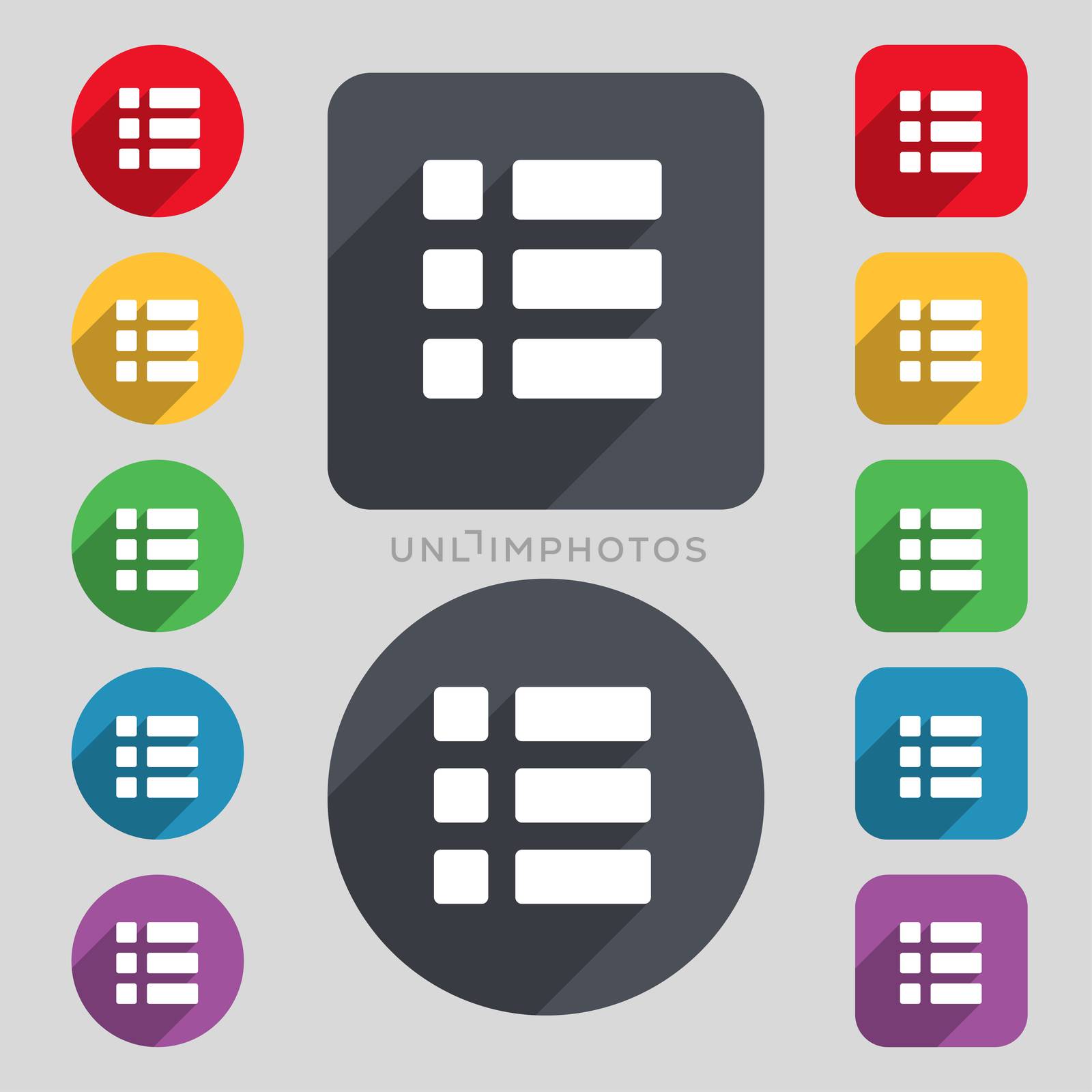 List menu, Content view options icon sign. A set of 12 colored buttons and a long shadow. Flat design.  by serhii_lohvyniuk