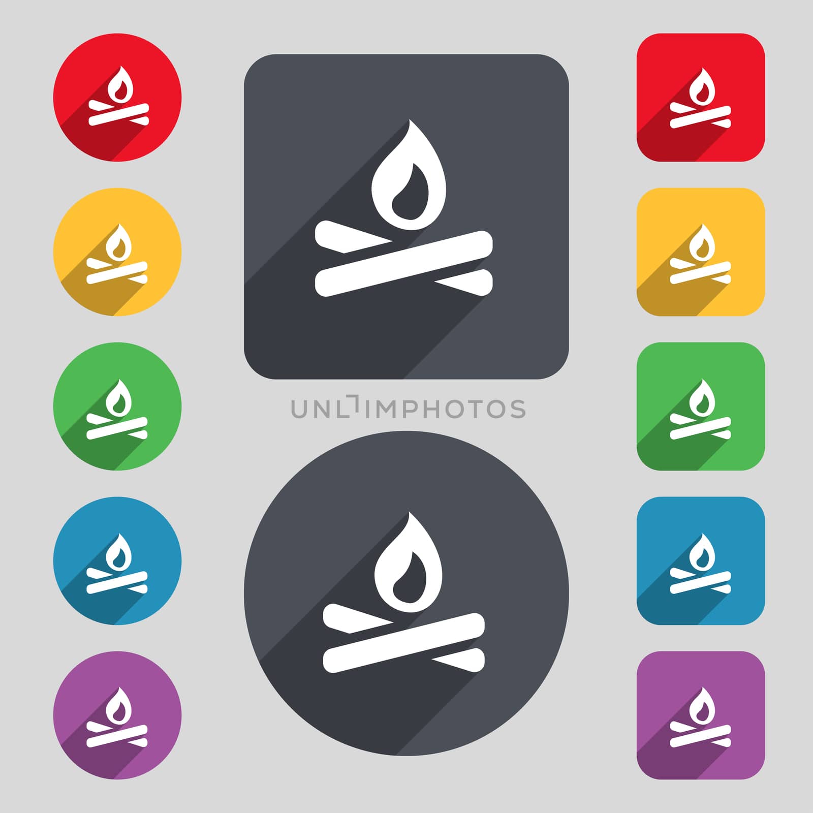 Fire flame icon sign. A set of 12 colored buttons and a long shadow. Flat design. illustration