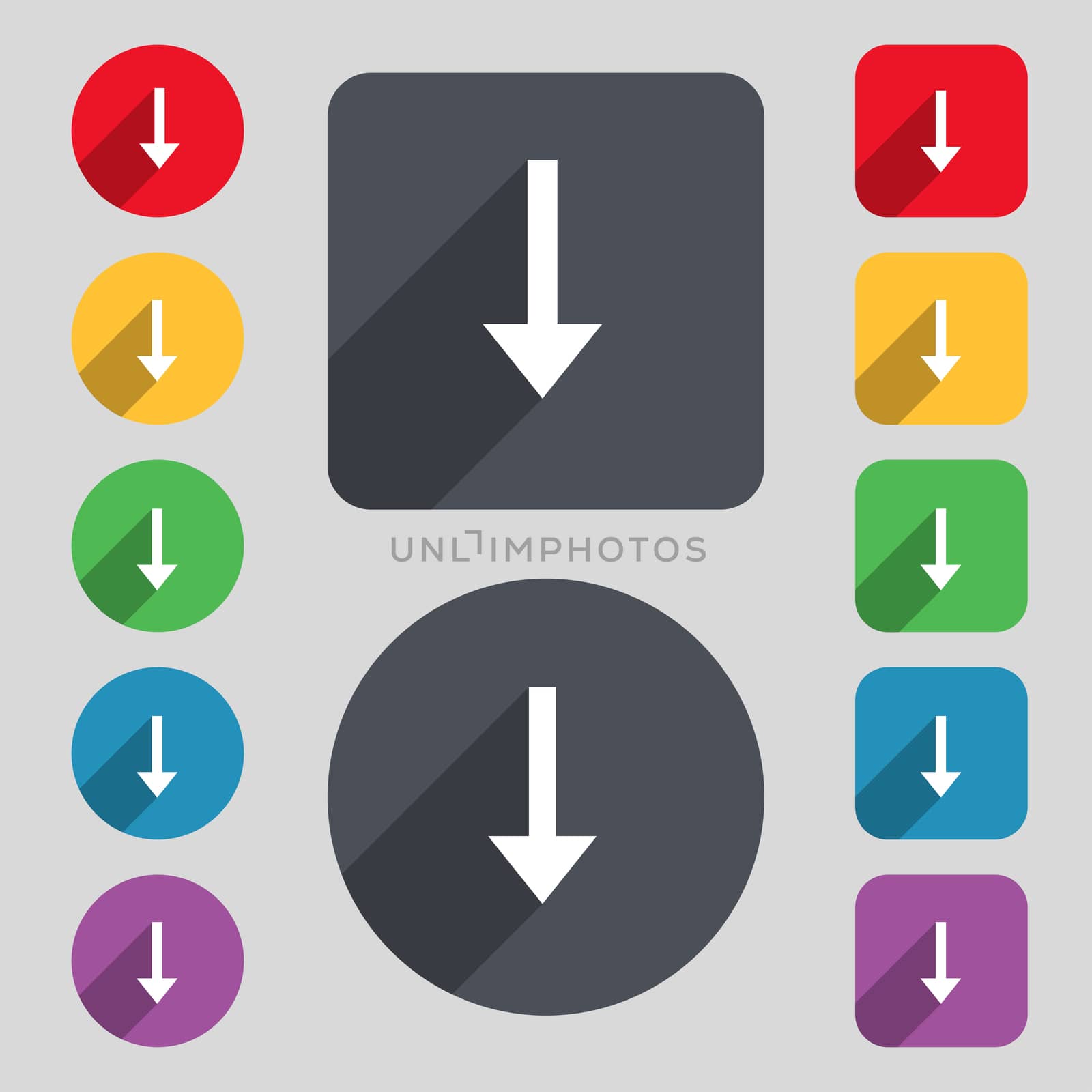 Arrow down, Download, Load, Backup icon sign. A set of 12 colored buttons and a long shadow. Flat design.  by serhii_lohvyniuk