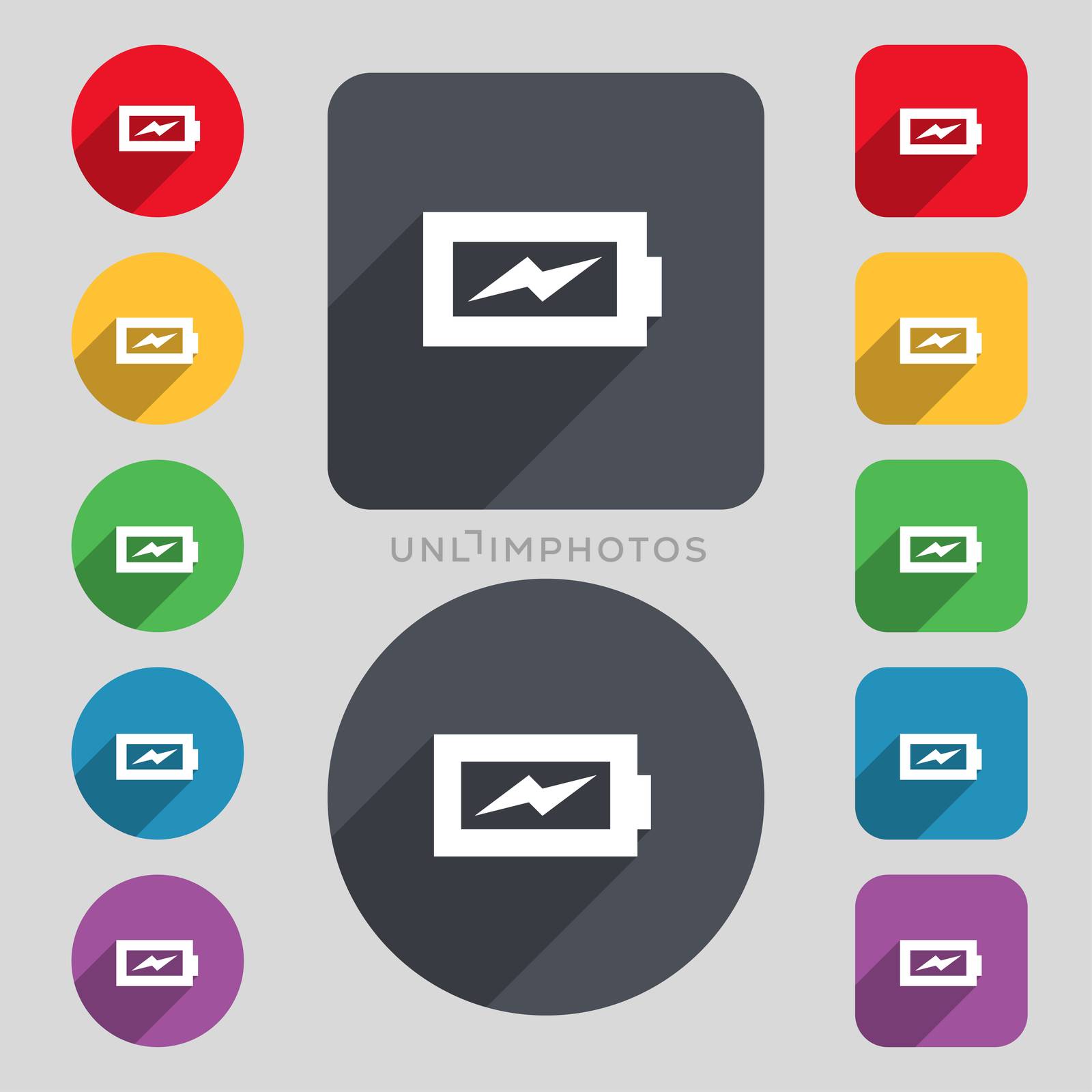 Battery charging icon sign. A set of 12 colored buttons and a long shadow. Flat design. illustration