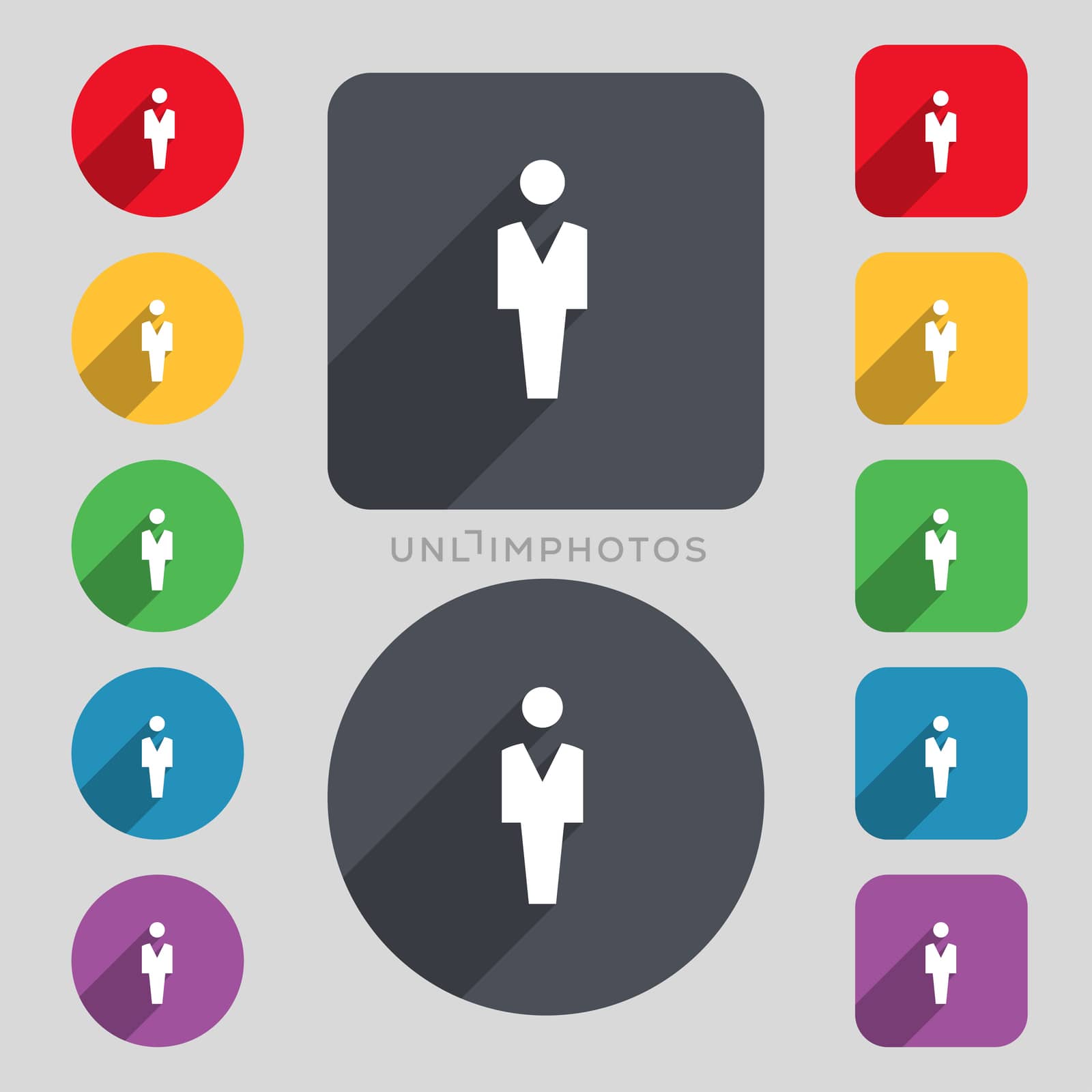 Human, Man Person, Male toilet icon sign. A set of 12 colored buttons and a long shadow. Flat design. illustration