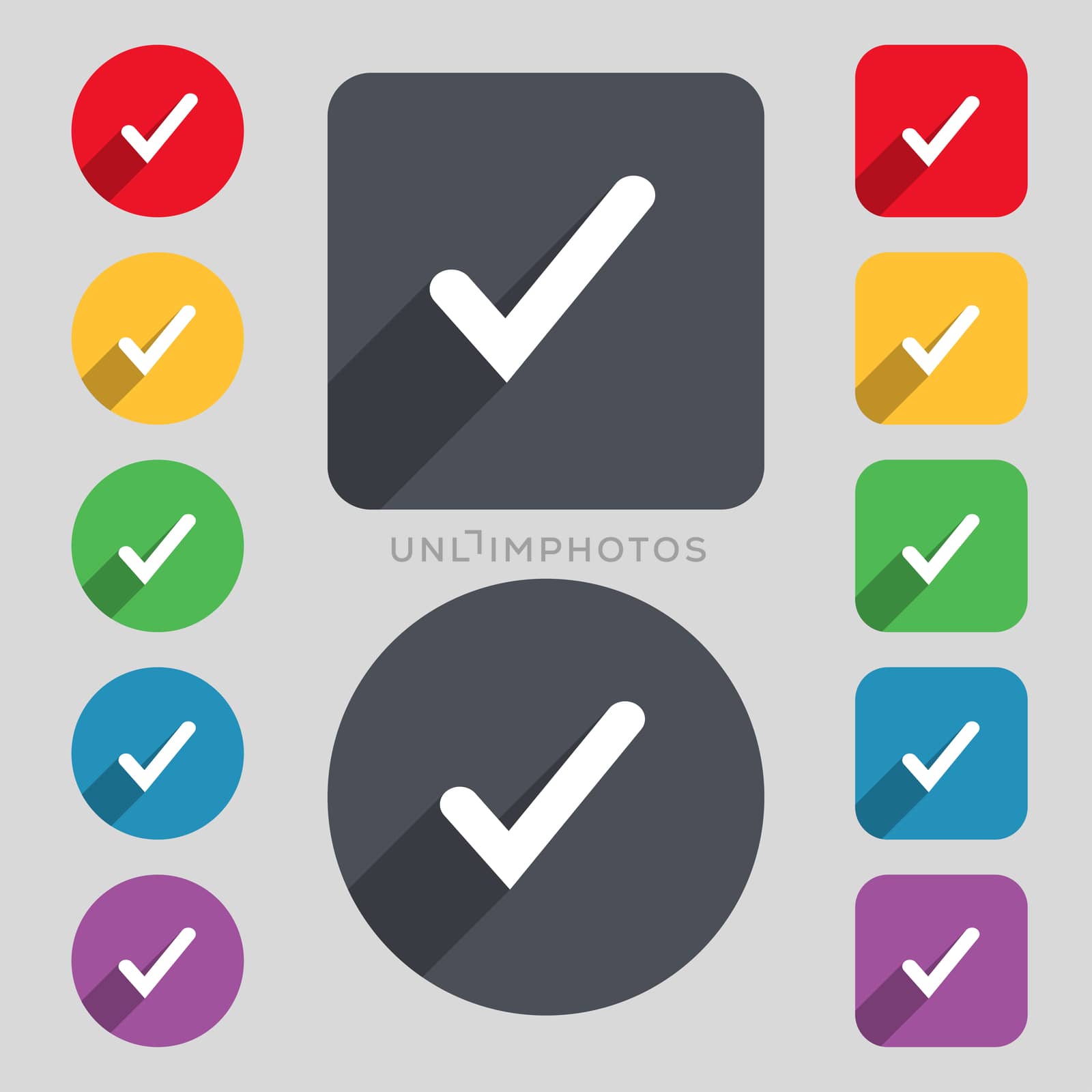 Check mark, tik icon sign. A set of 12 colored buttons and a long shadow. Flat design. illustration