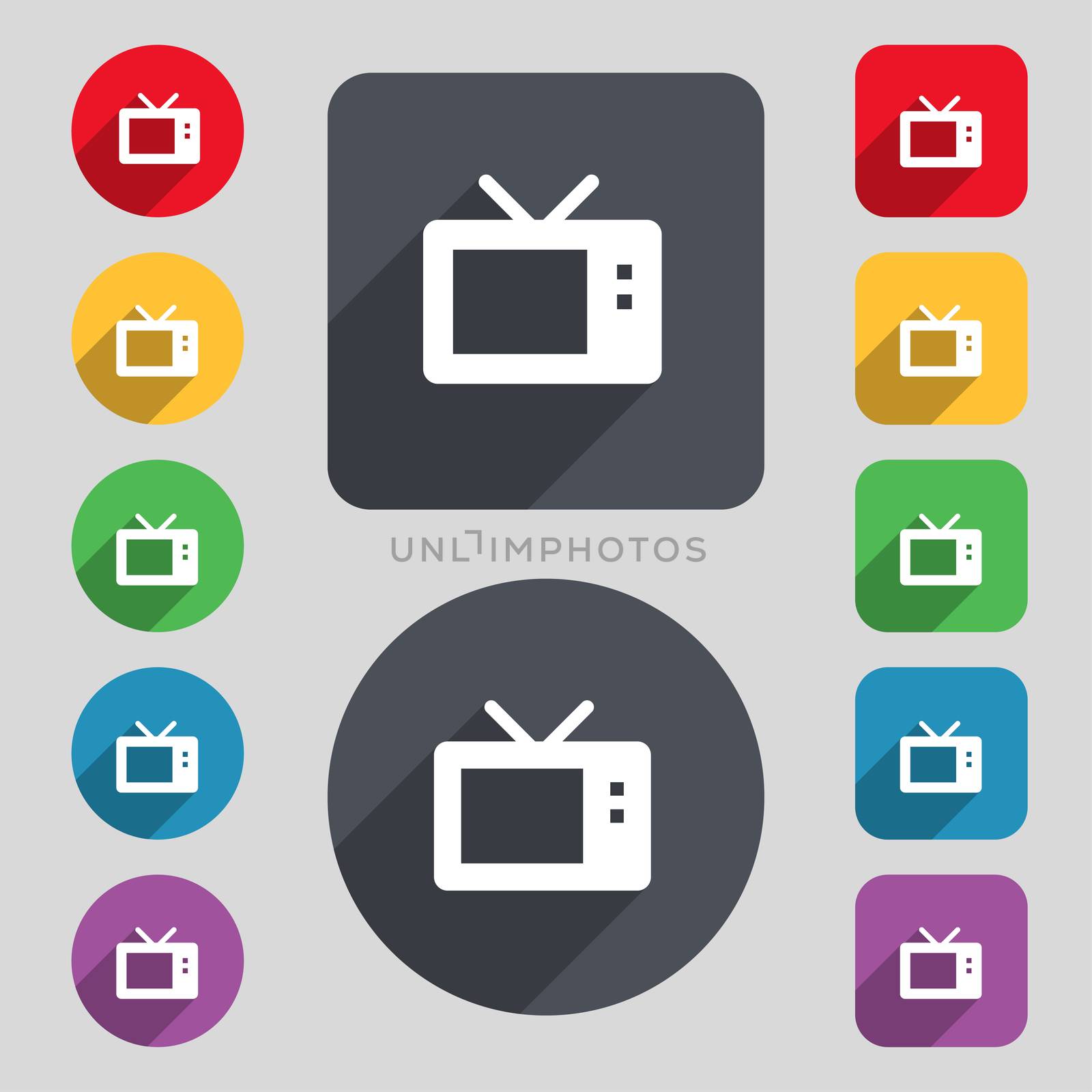 Retro TV mode icon sign. A set of 12 colored buttons and a long shadow. Flat design.  by serhii_lohvyniuk