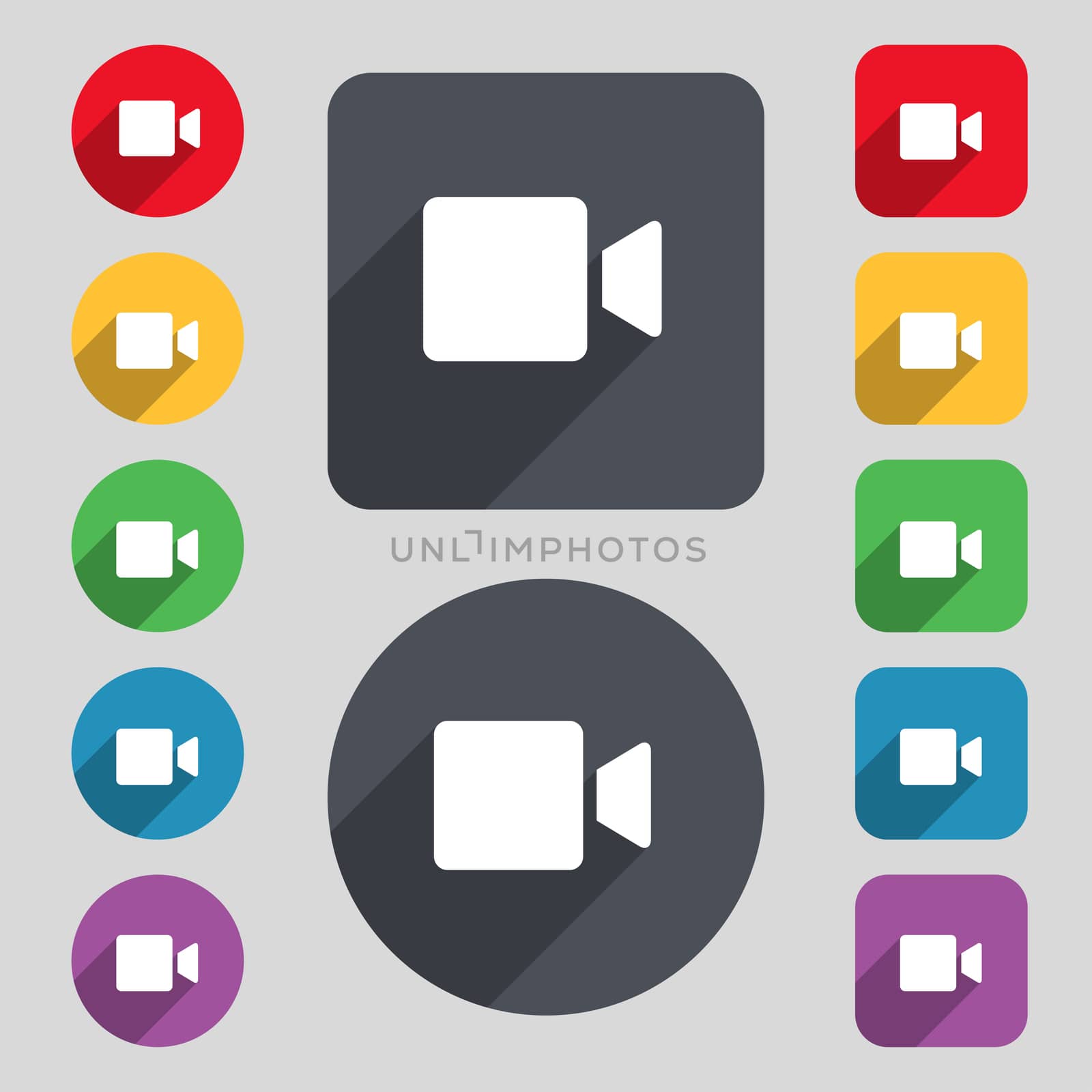 Video camera icon sign. A set of 12 colored buttons and a long shadow. Flat design. illustration