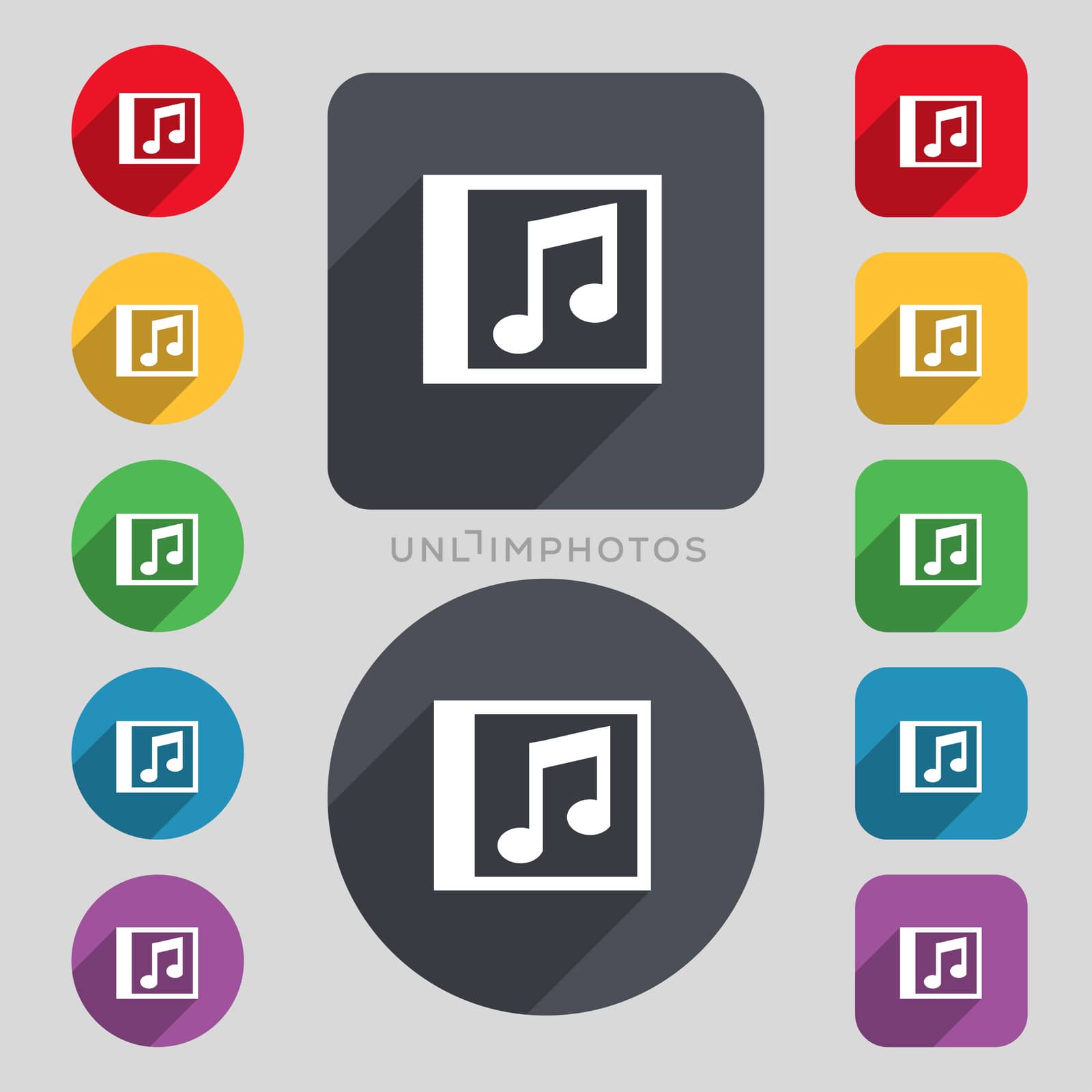 Audio, MP3 file icon sign. A set of 12 colored buttons and a long shadow. Flat design. illustration