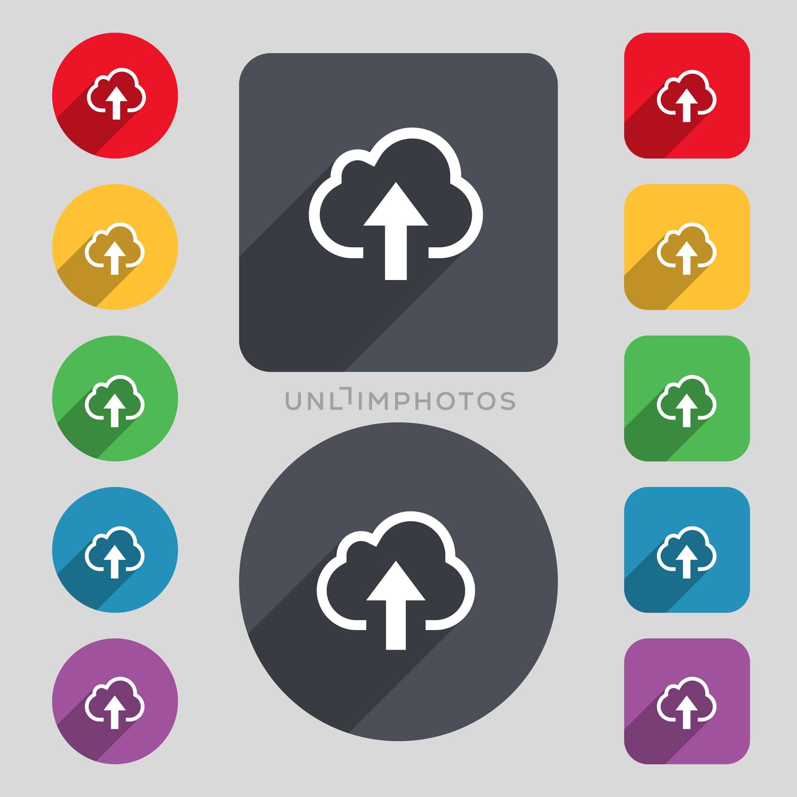 Upload from cloud icon sign. A set of 12 colored buttons and a long shadow. Flat design.  by serhii_lohvyniuk