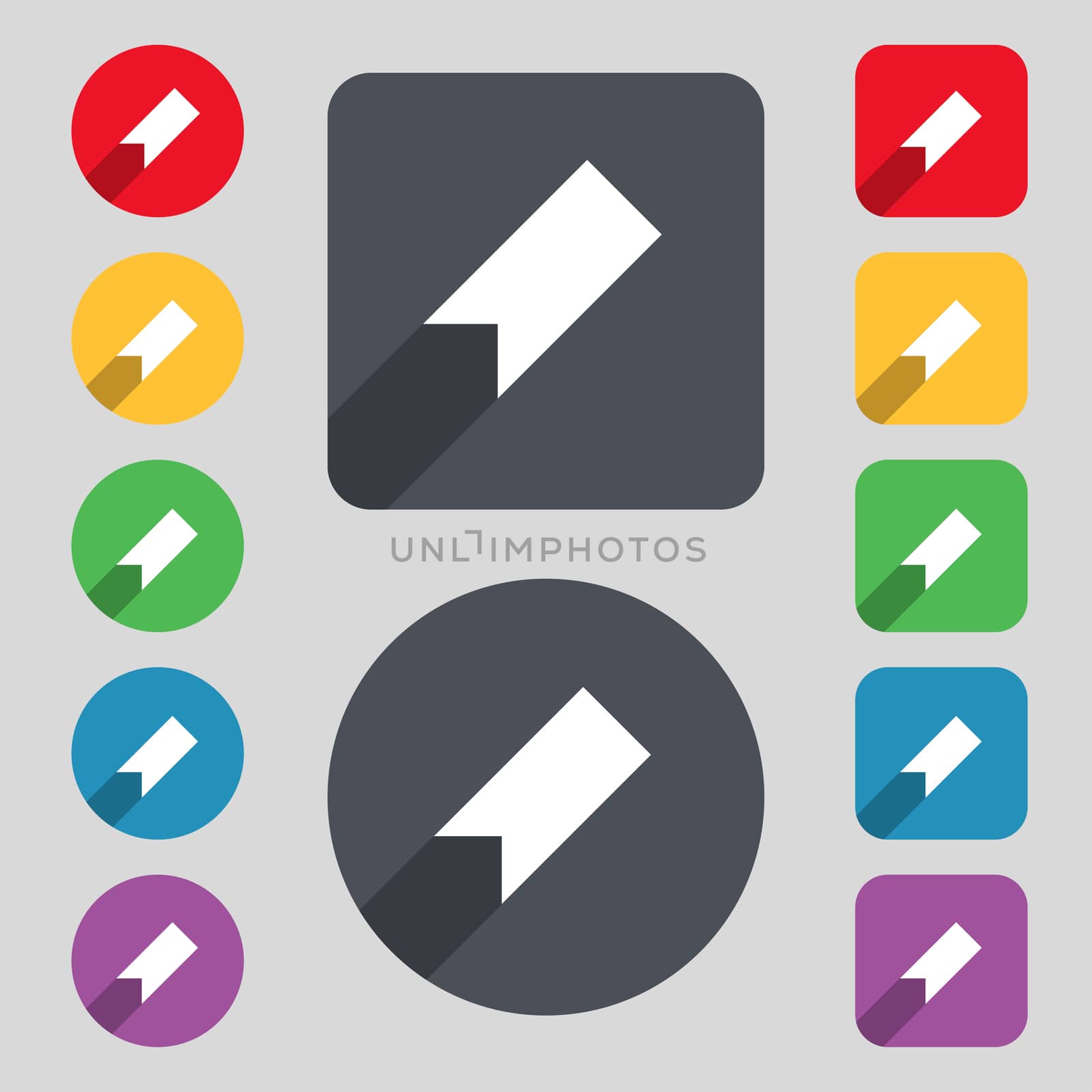 bookmark icon sign. A set of 12 colored buttons and a long shadow. Flat design.  by serhii_lohvyniuk