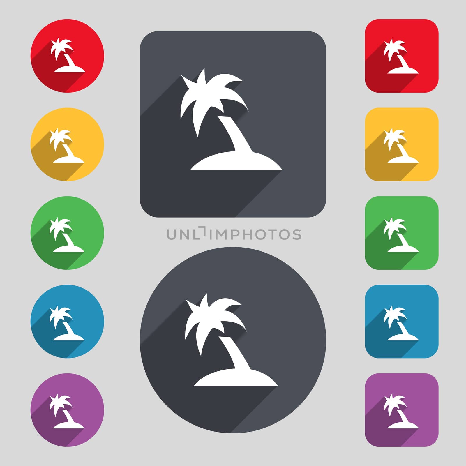 Palm Tree, Travel trip icon sign. A set of 12 colored buttons and a long shadow. Flat design. illustration