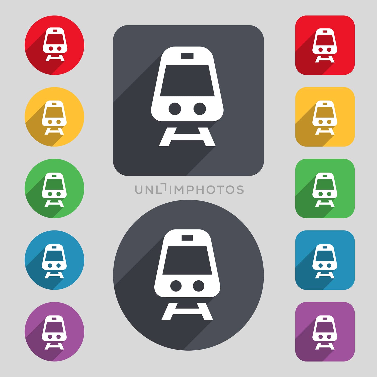 Train icon sign. A set of 12 colored buttons and a long shadow. Flat design.  by serhii_lohvyniuk