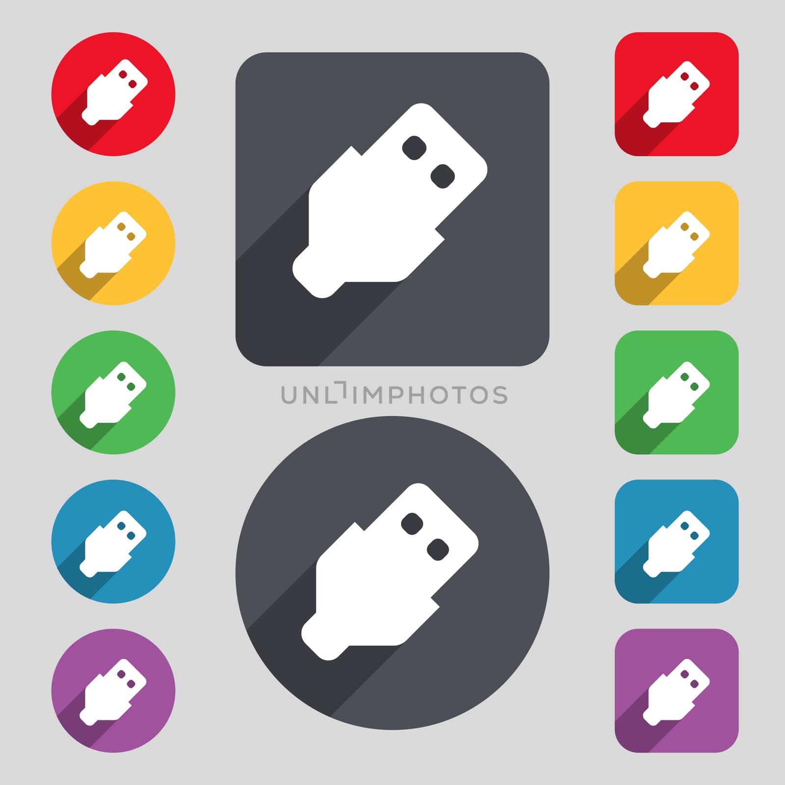 USB icon sign. A set of 12 colored buttons and a long shadow. Flat design. illustration