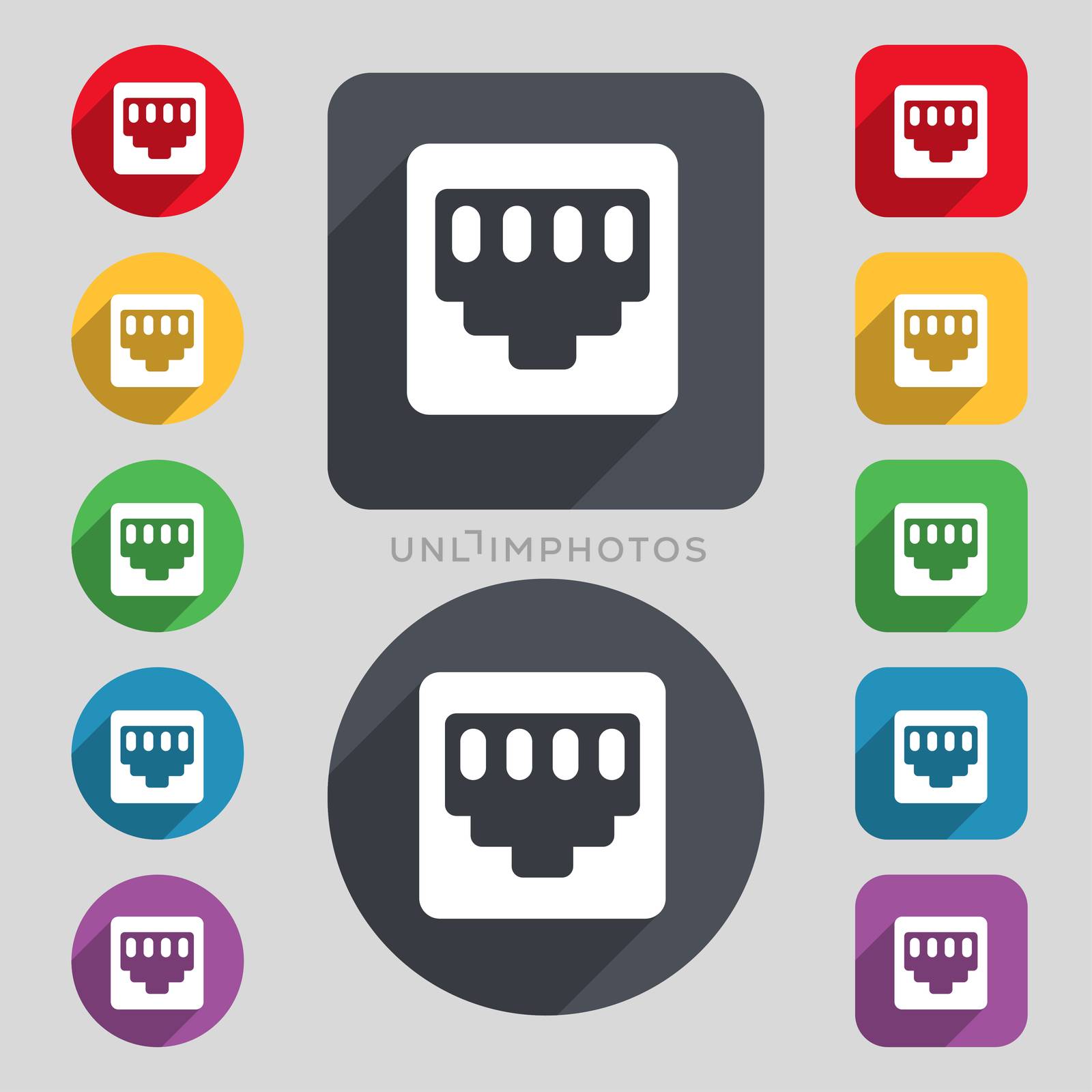 cable rj45, Patch Cord icon sign. A set of 12 colored buttons and a long shadow. Flat design.  by serhii_lohvyniuk