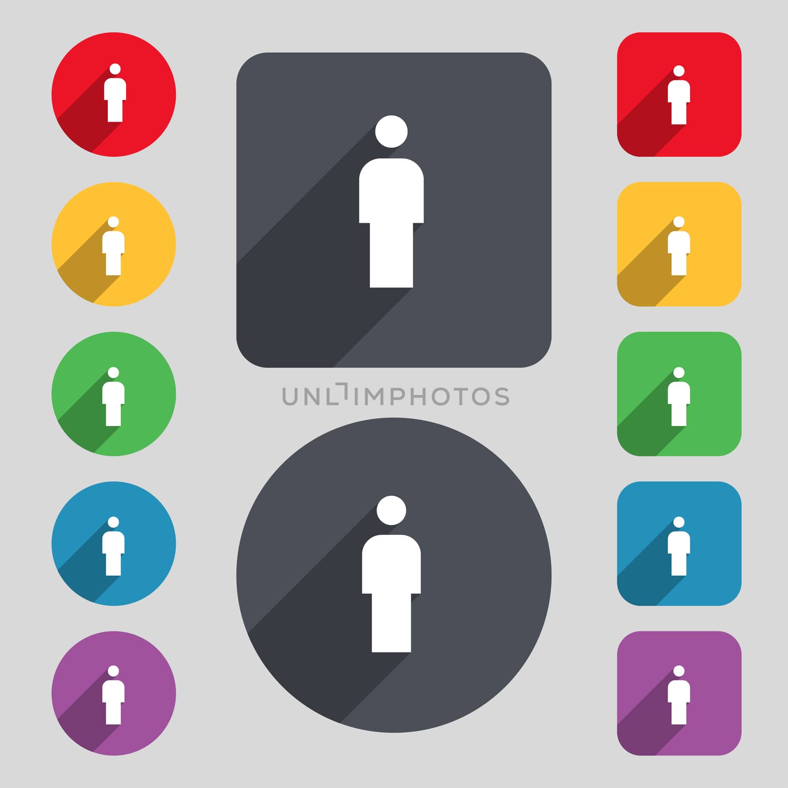 Human, Man Person, Male toilet icon sign. A set of 12 colored buttons and a long shadow. Flat design.  by serhii_lohvyniuk