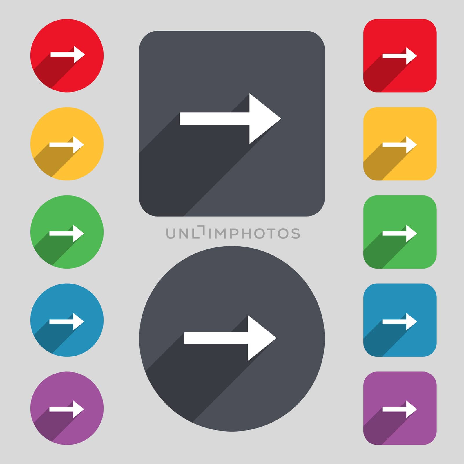 Arrow right, Next icon sign. A set of 12 colored buttons and a long shadow. Flat design. illustration