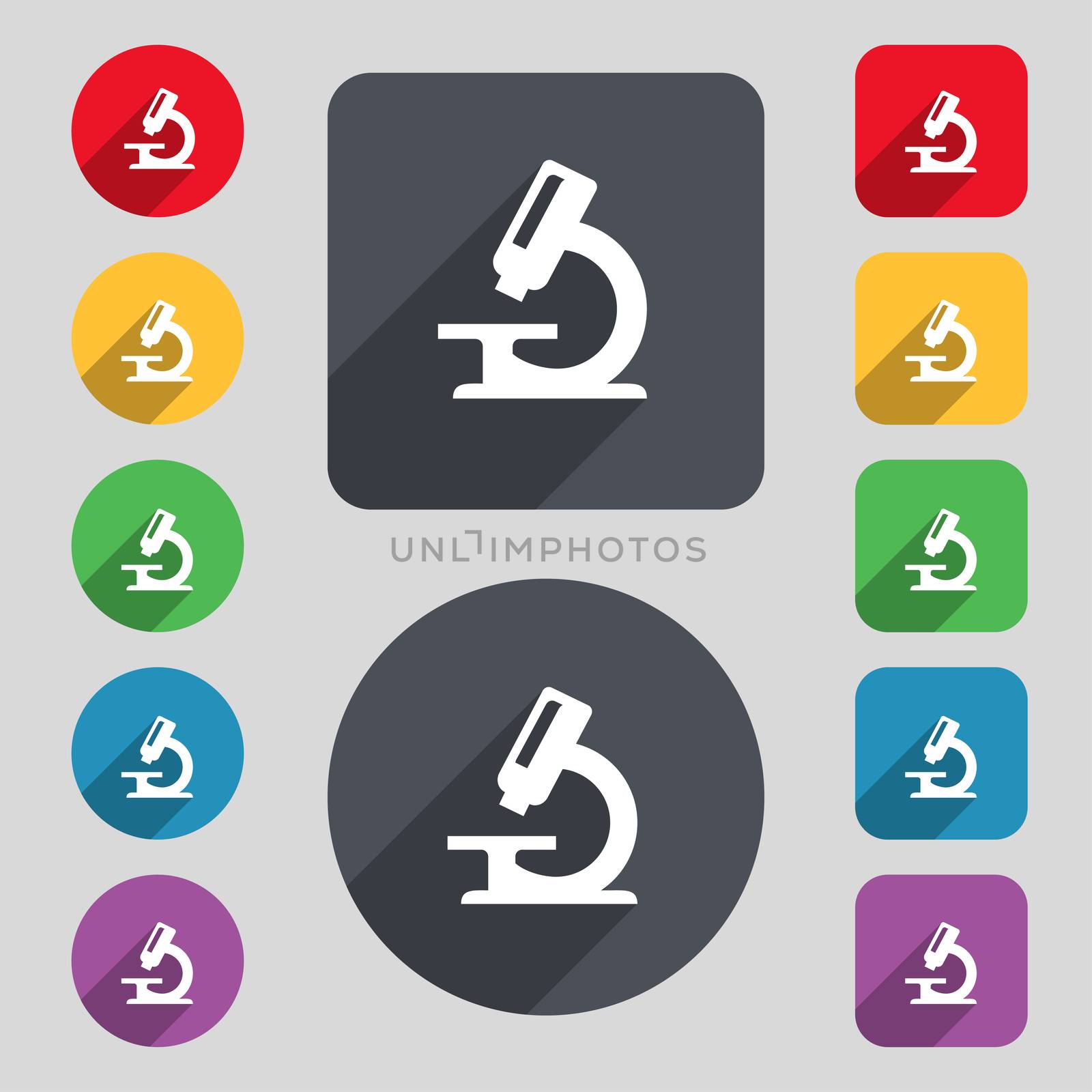 microscope icon sign. A set of 12 colored buttons and a long shadow. Flat design.  by serhii_lohvyniuk