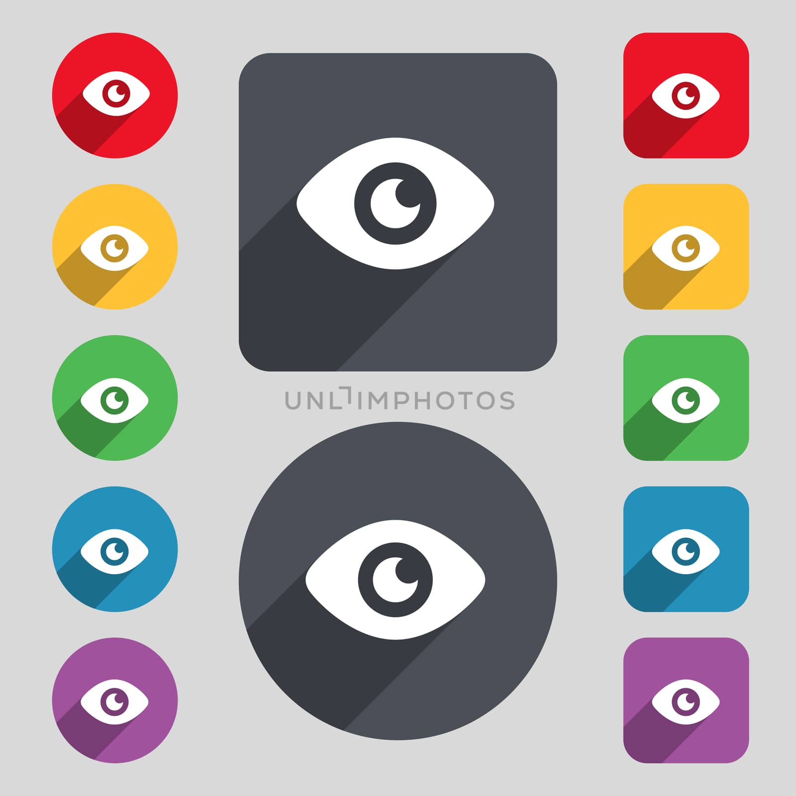 Eye, Publish content icon sign. A set of 12 colored buttons and a long shadow. Flat design.  by serhii_lohvyniuk