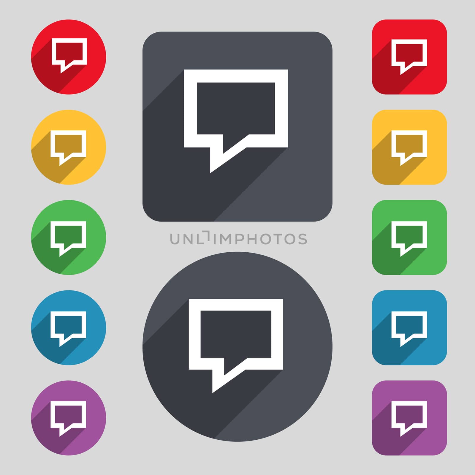 Speech bubble, Think cloud icon sign. A set of 12 colored buttons and a long shadow. Flat design.  by serhii_lohvyniuk