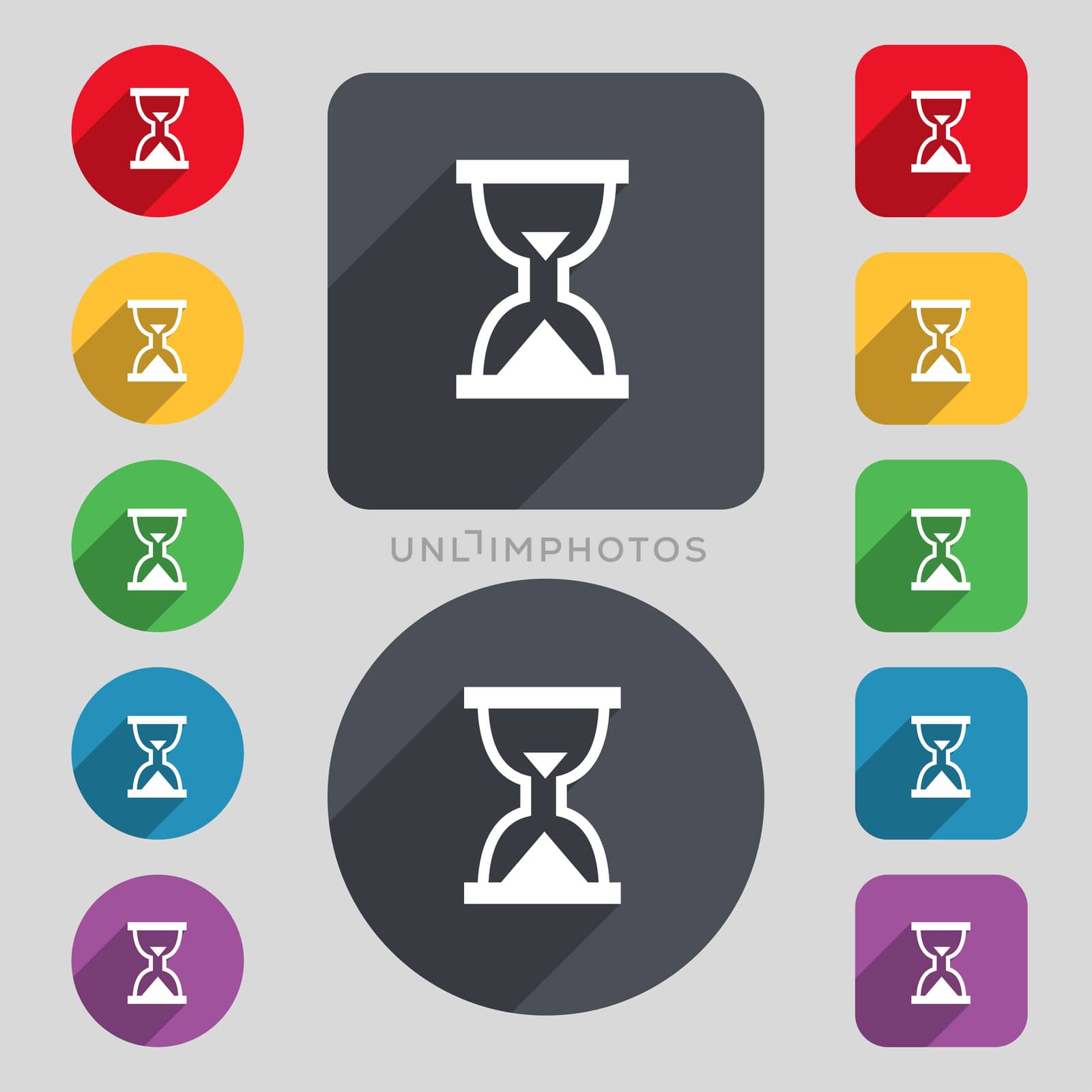 Hourglass, Sand timer icon sign. A set of 12 colored buttons and a long shadow. Flat design.  by serhii_lohvyniuk