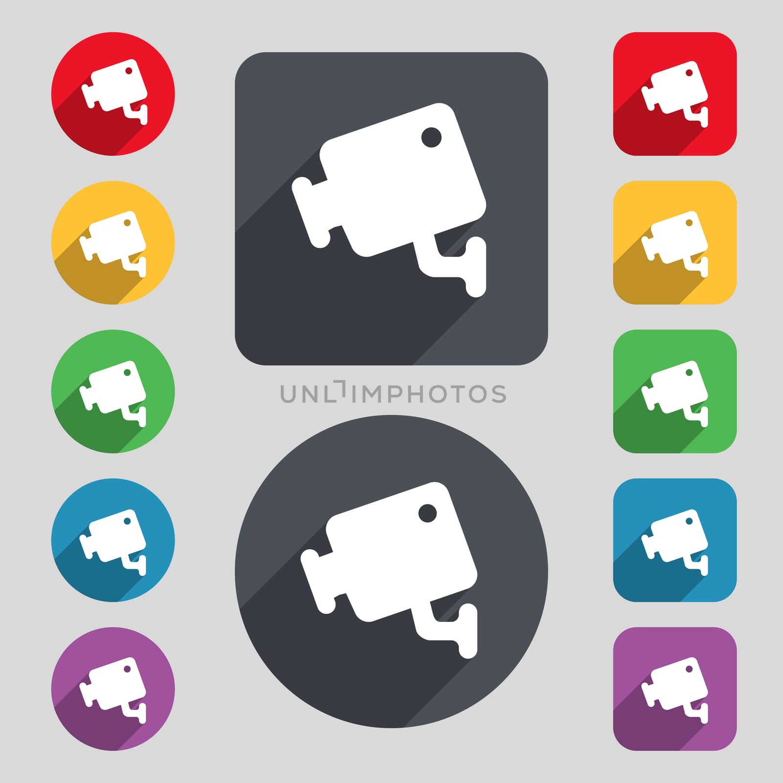 video camera icon sign. A set of 12 colored buttons and a long shadow. Flat design. illustration