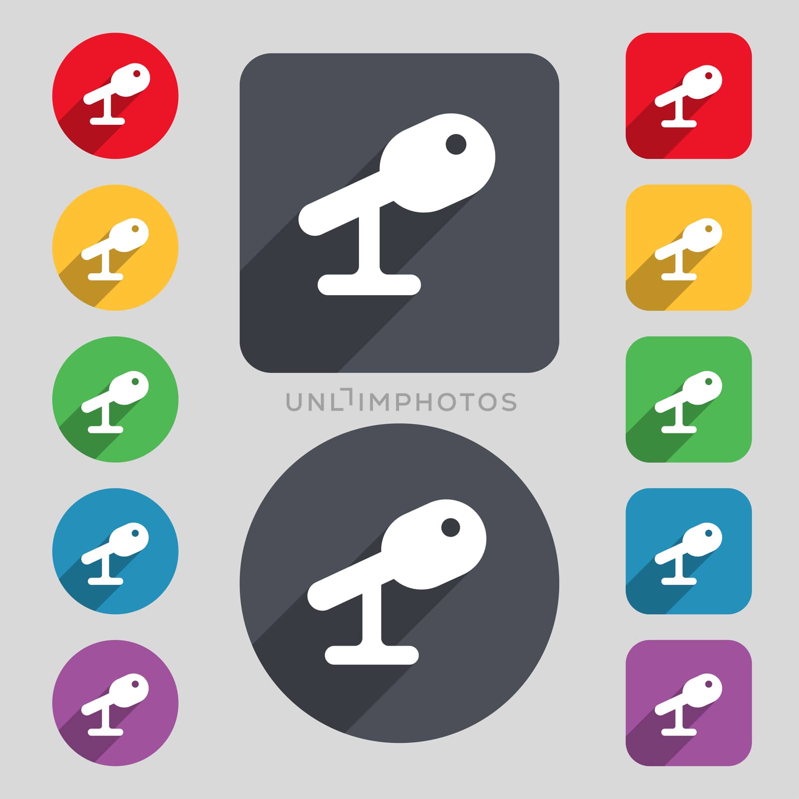 Microphone, Speaker icon sign. A set of 12 colored buttons and a long shadow. Flat design.  by serhii_lohvyniuk