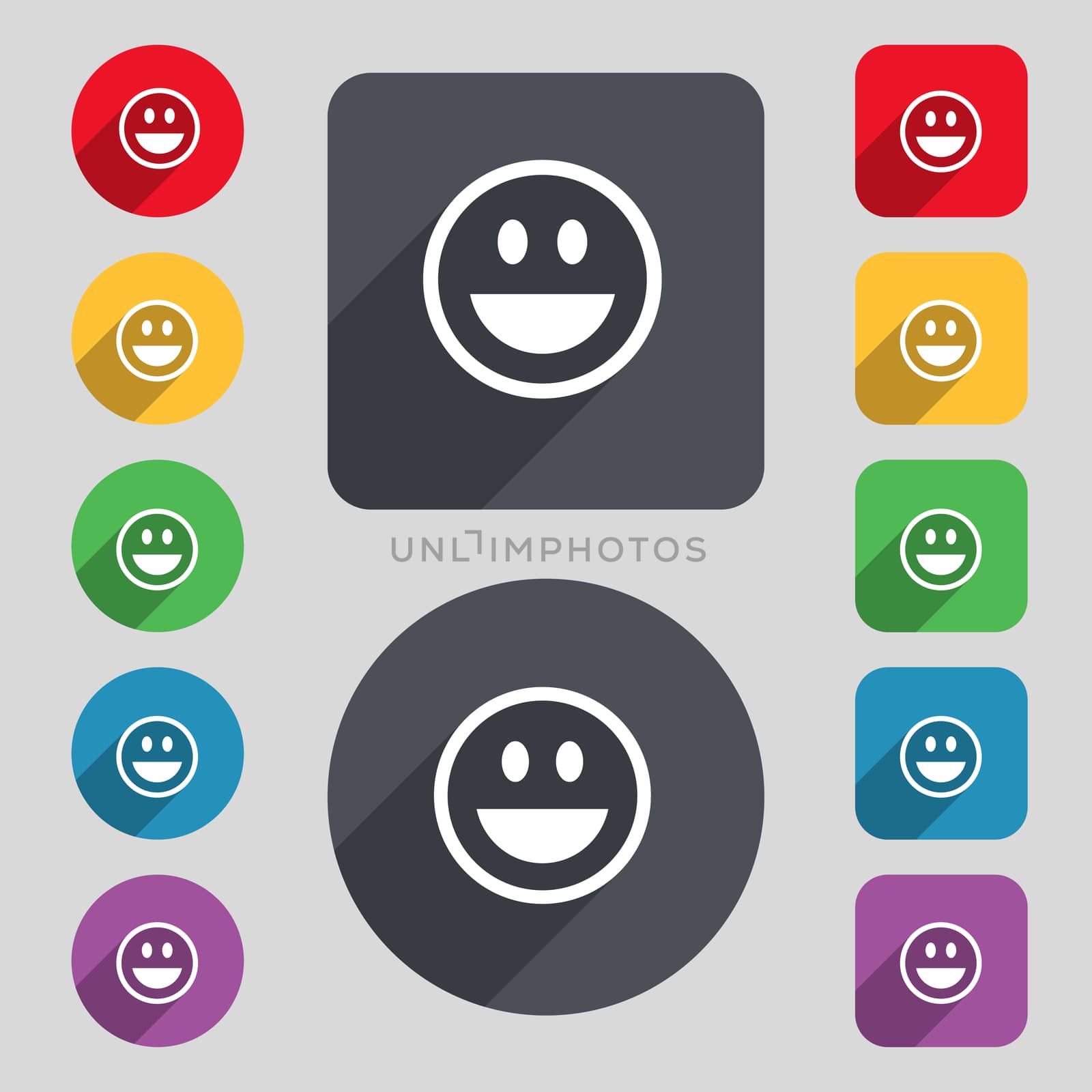 funny Face icon sign. A set of 12 colored buttons and a long shadow. Flat design. illustration