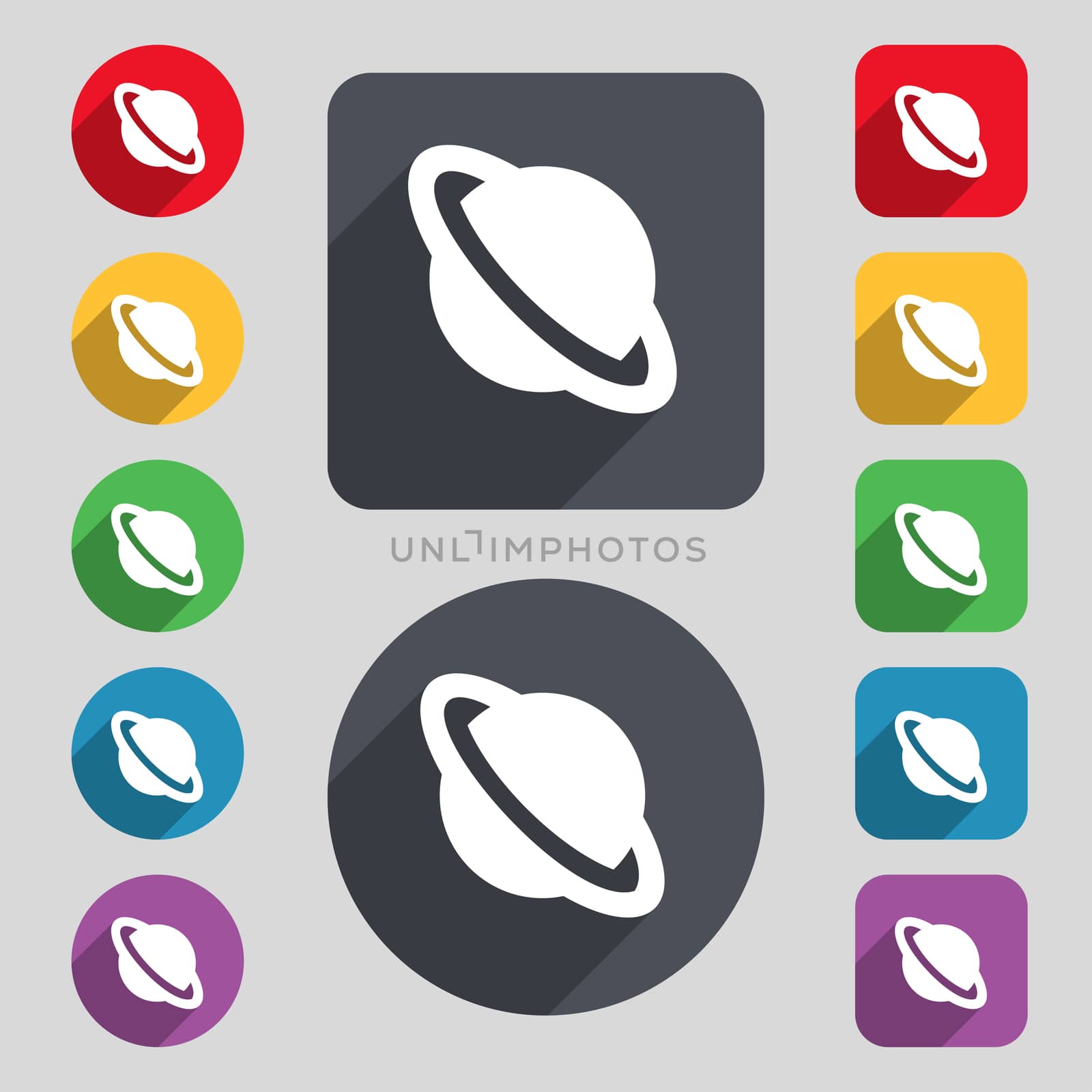 Jupiter planet icon sign. A set of 12 colored buttons and a long shadow. Flat design.  by serhii_lohvyniuk