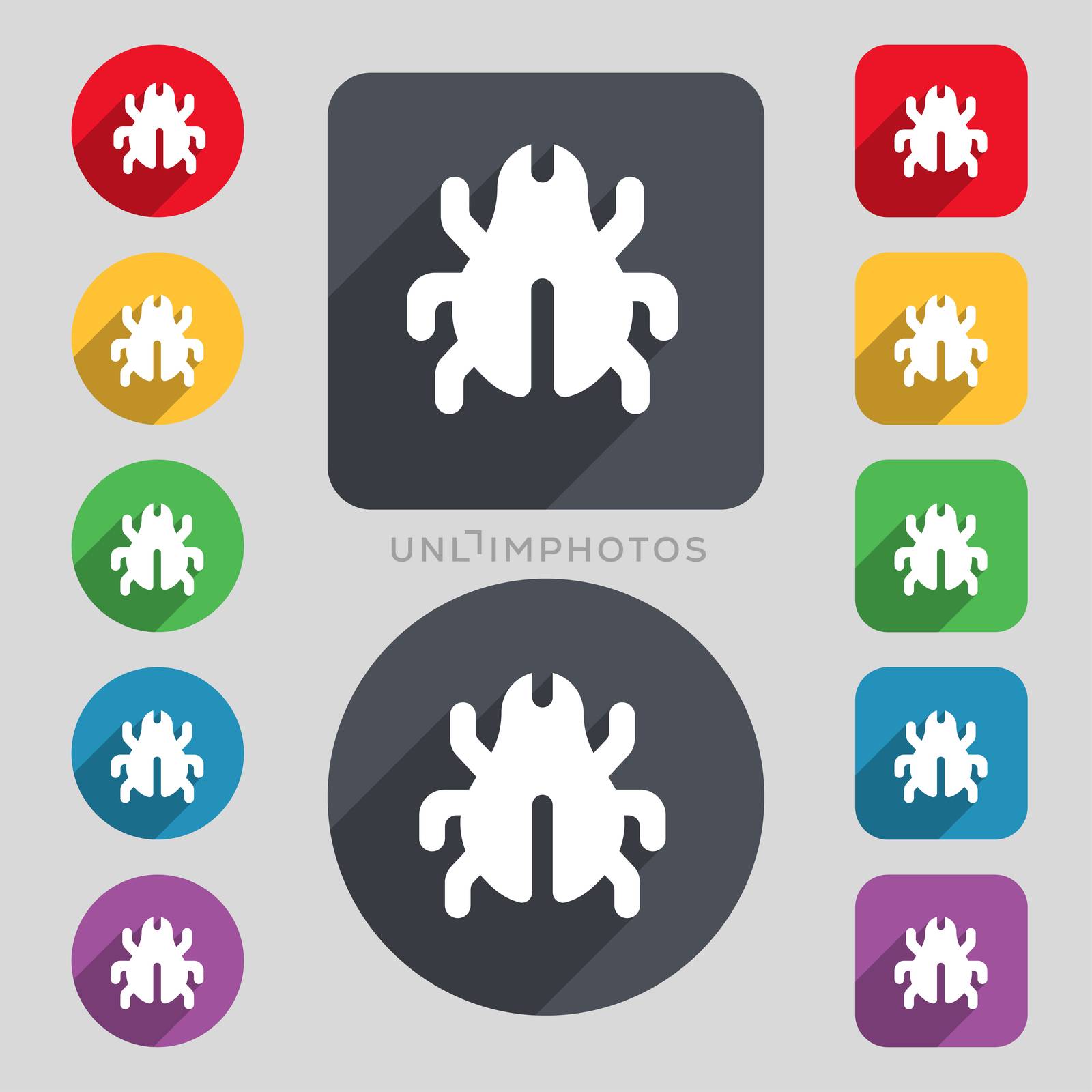 Software Bug, Virus, Disinfection, beetle icon sign. A set of 12 colored buttons and a long shadow. Flat design.  by serhii_lohvyniuk