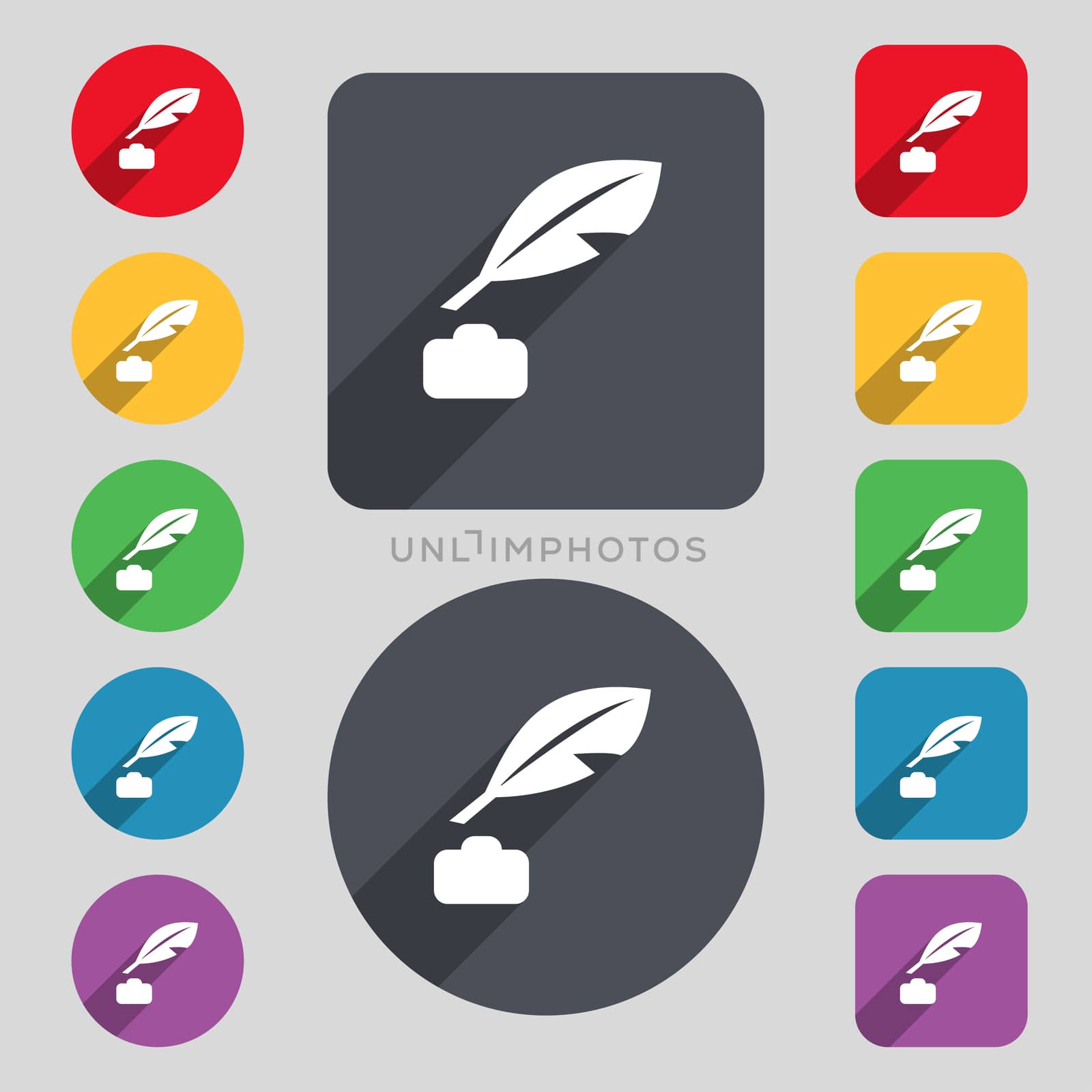 Feather, Retro pen icon sign. A set of 12 colored buttons and a long shadow. Flat design.  by serhii_lohvyniuk