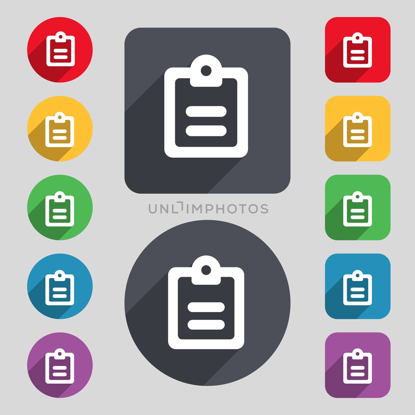 Text file icon sign. A set of 12 colored buttons and a long shadow. Flat design.  by serhii_lohvyniuk