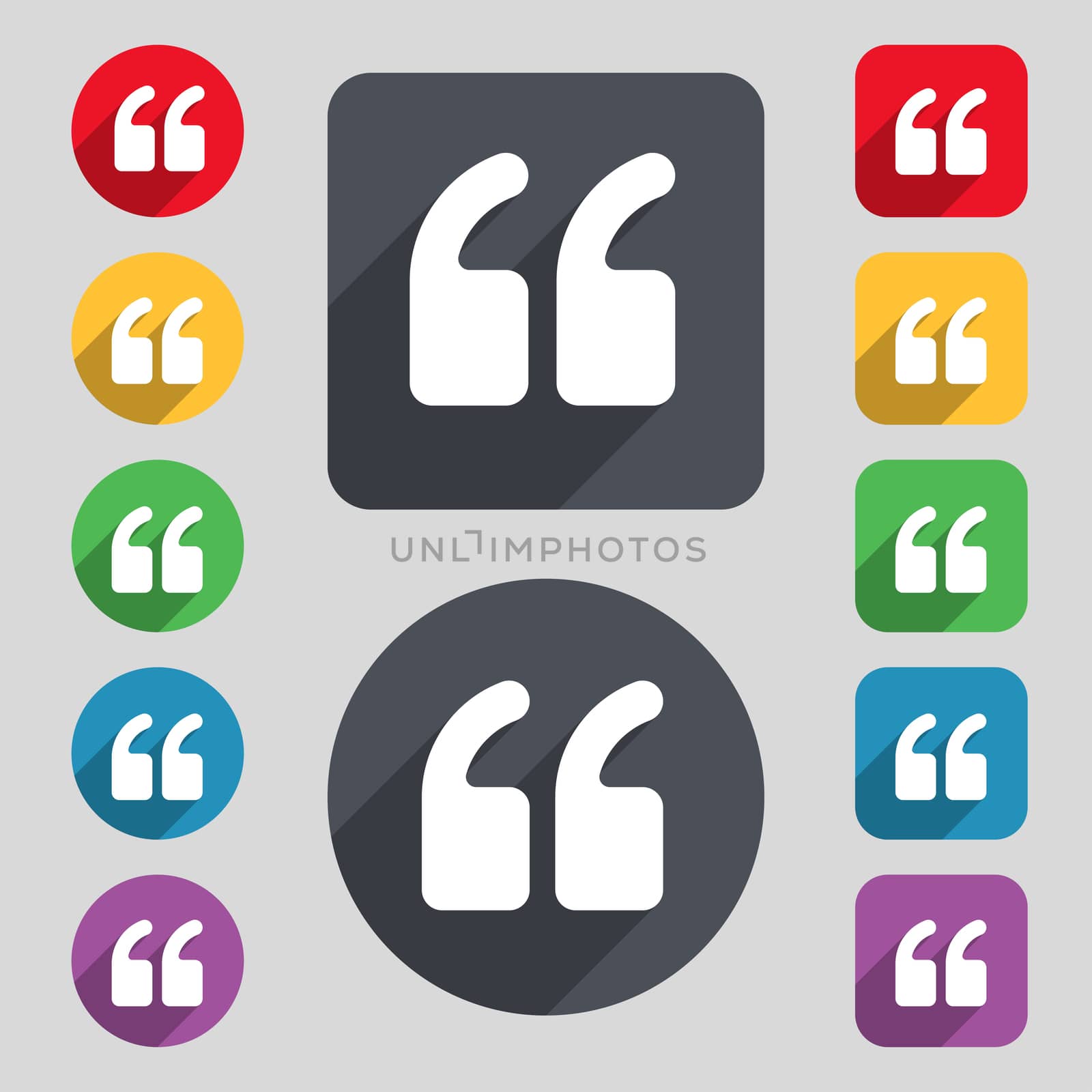 Double quotes at the beginning of words icon sign. A set of 12 colored buttons and a long shadow. Flat design.  by serhii_lohvyniuk