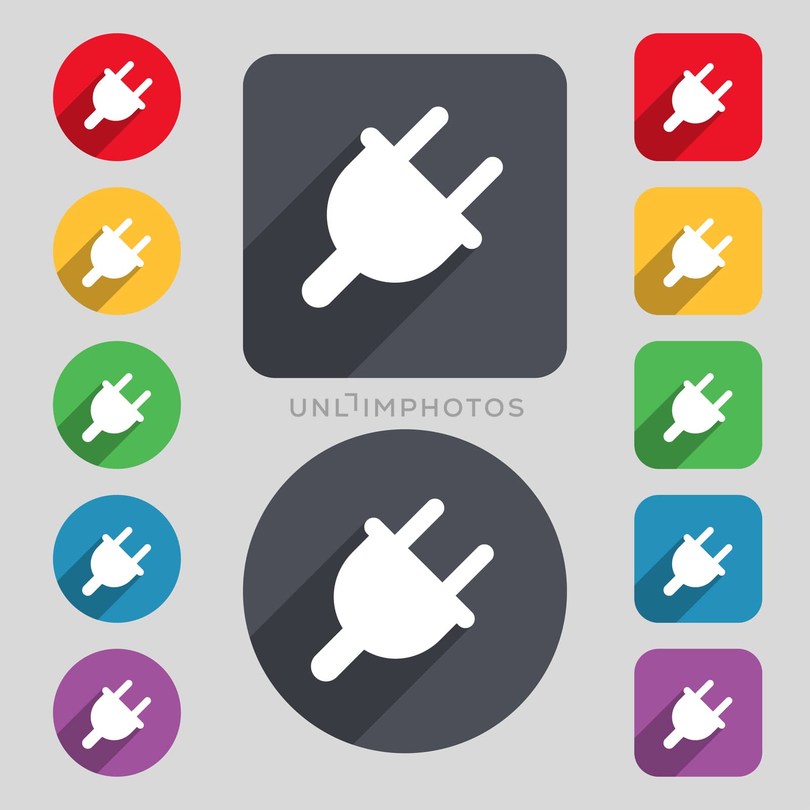 Electric plug, Power energy icon sign. A set of 12 colored buttons and a long shadow. Flat design. illustration