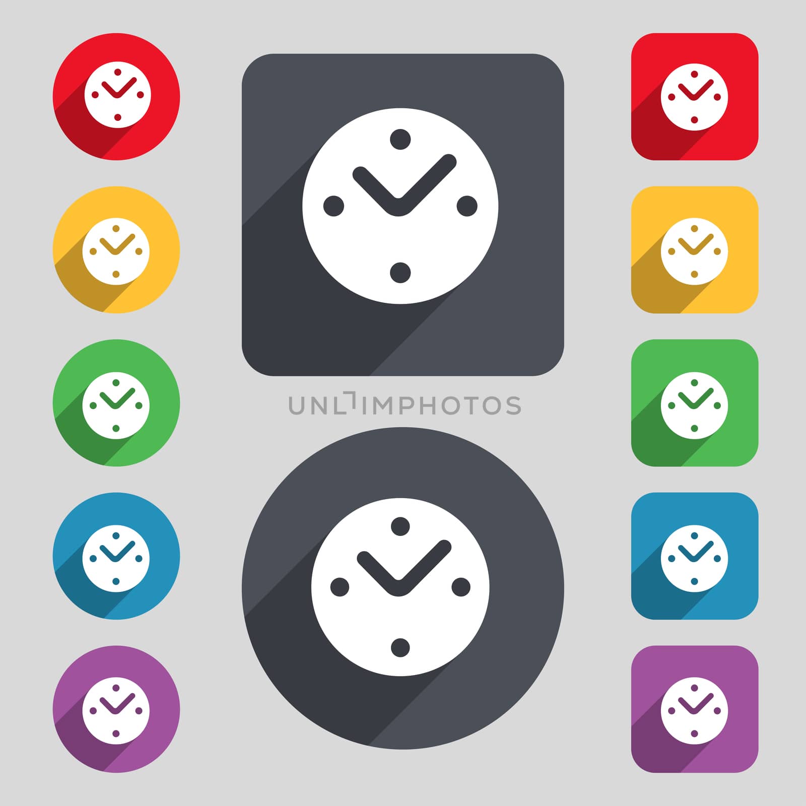 Mechanical Clock icon sign. A set of 12 colored buttons and a long shadow. Flat design. illustration