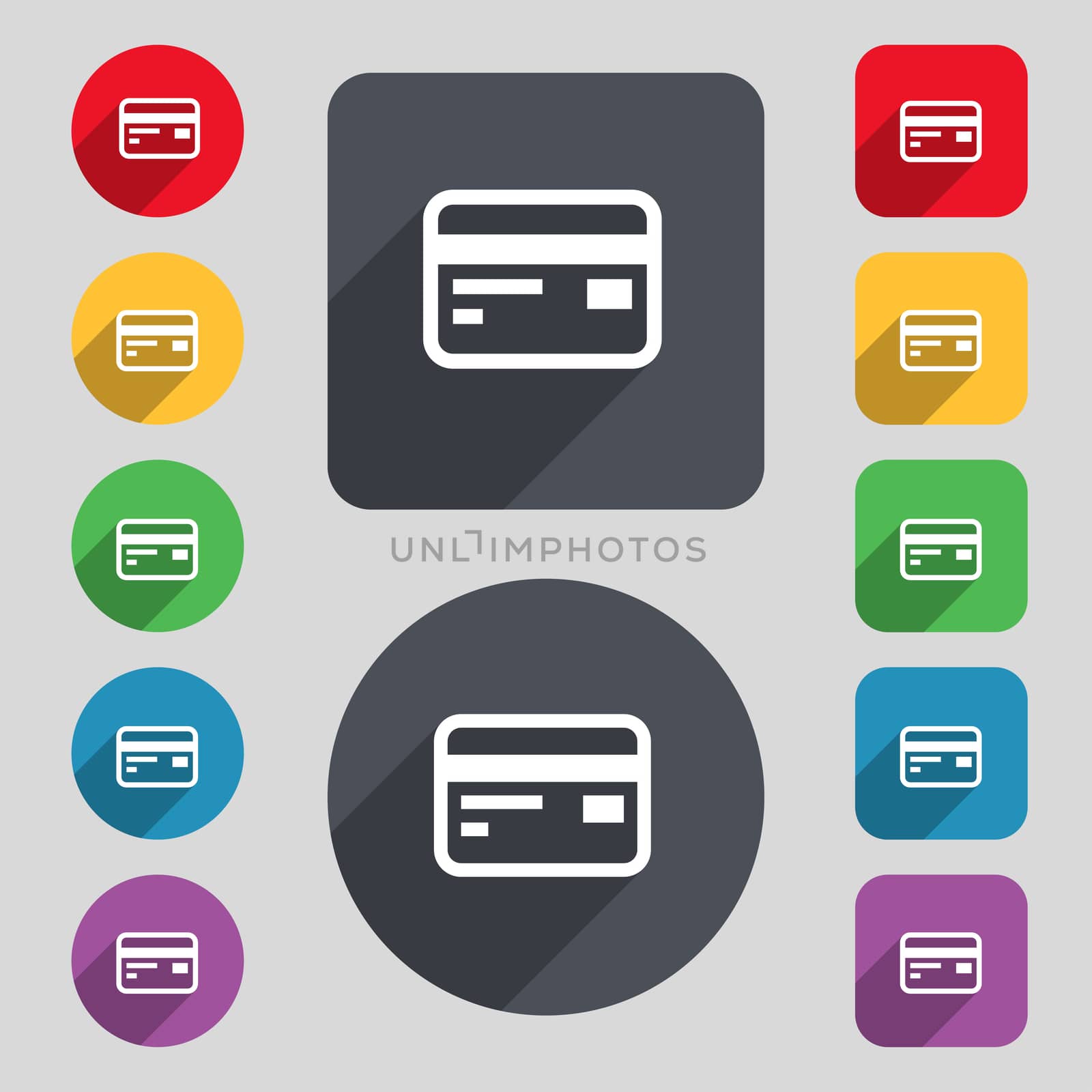 Credit, debit card icon sign. A set of 12 colored buttons and a long shadow. Flat design.  by serhii_lohvyniuk