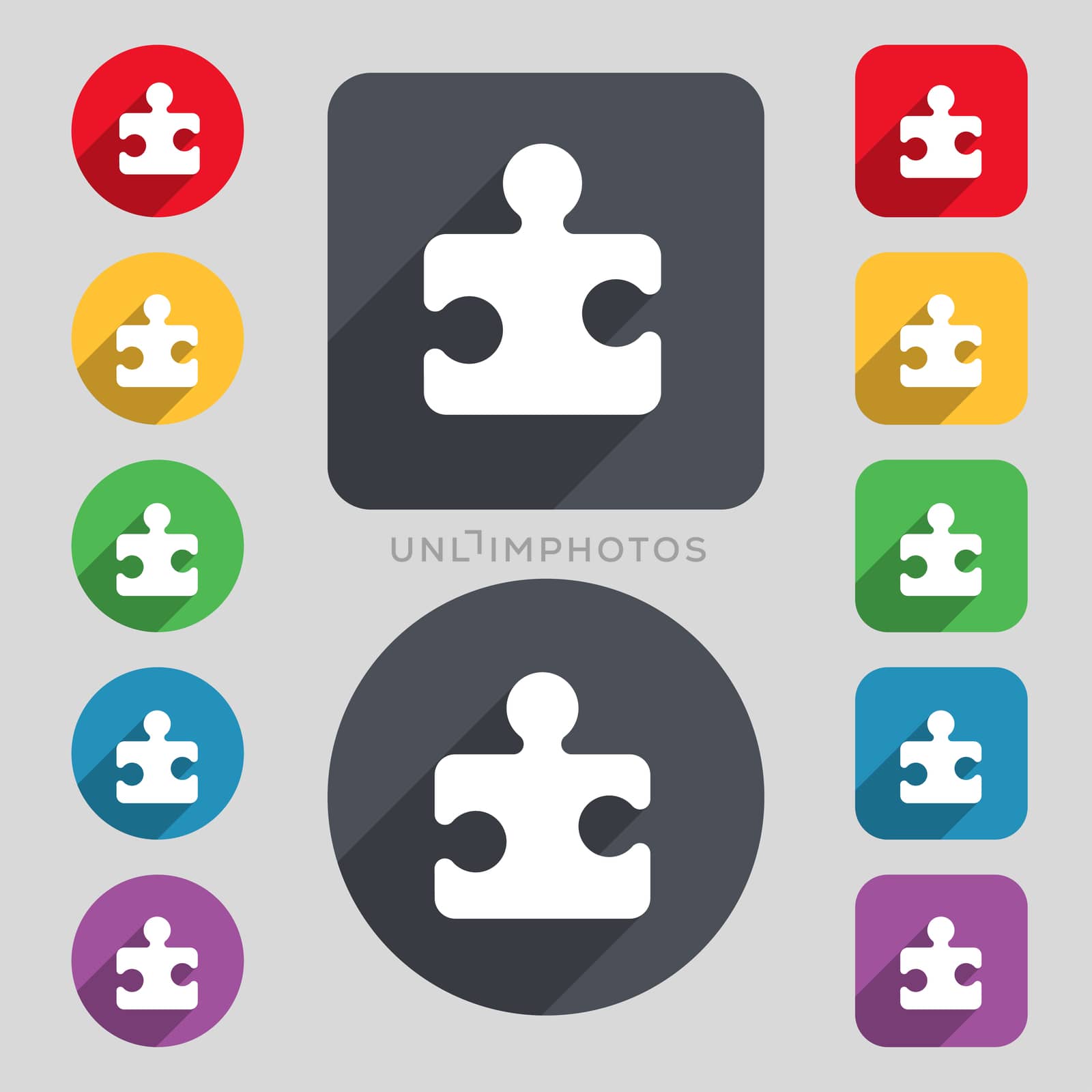 Puzzle piece icon sign. A set of 12 colored buttons and a long shadow. Flat design.  by serhii_lohvyniuk