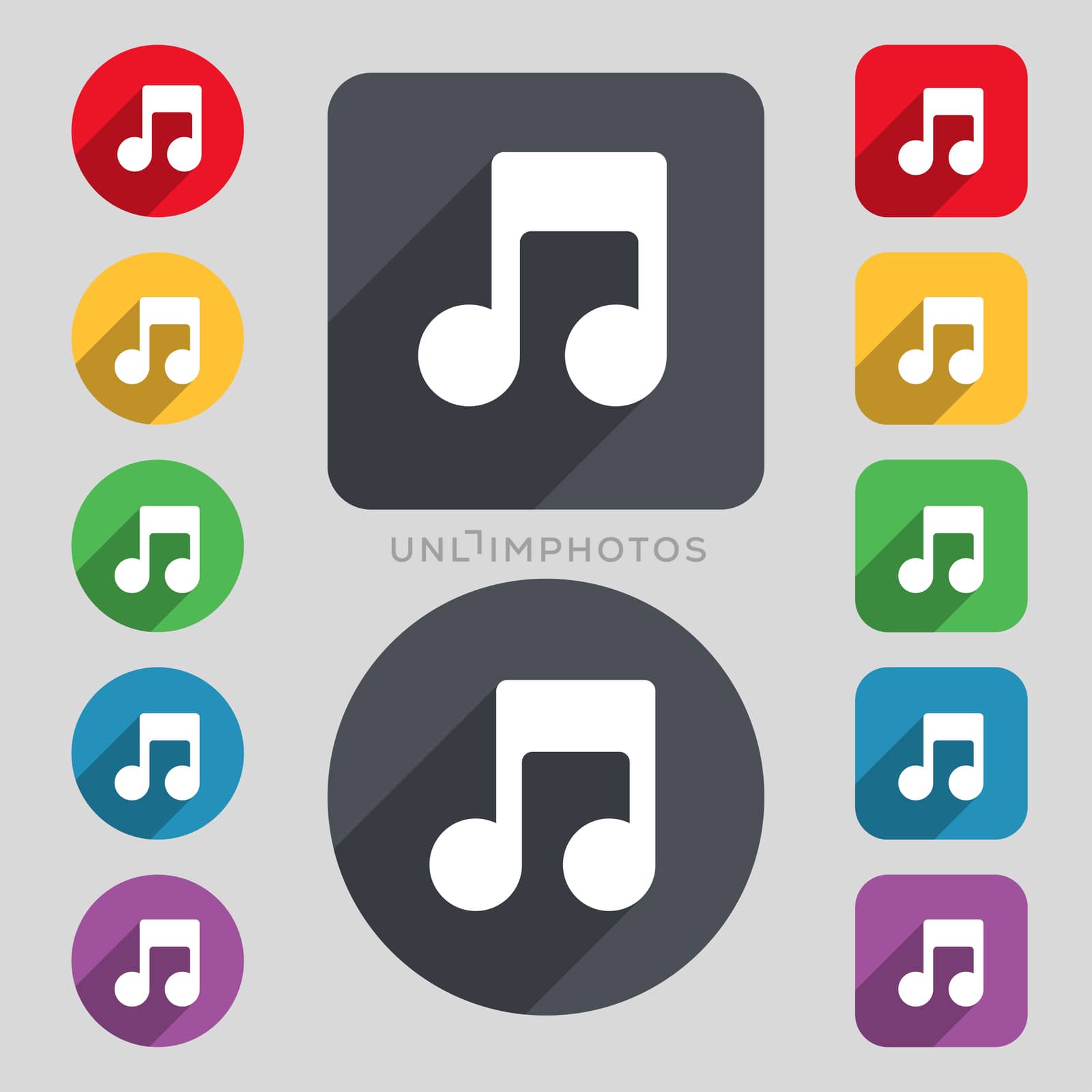 Music note icon sign. A set of 12 colored buttons and a long shadow. Flat design. illustration