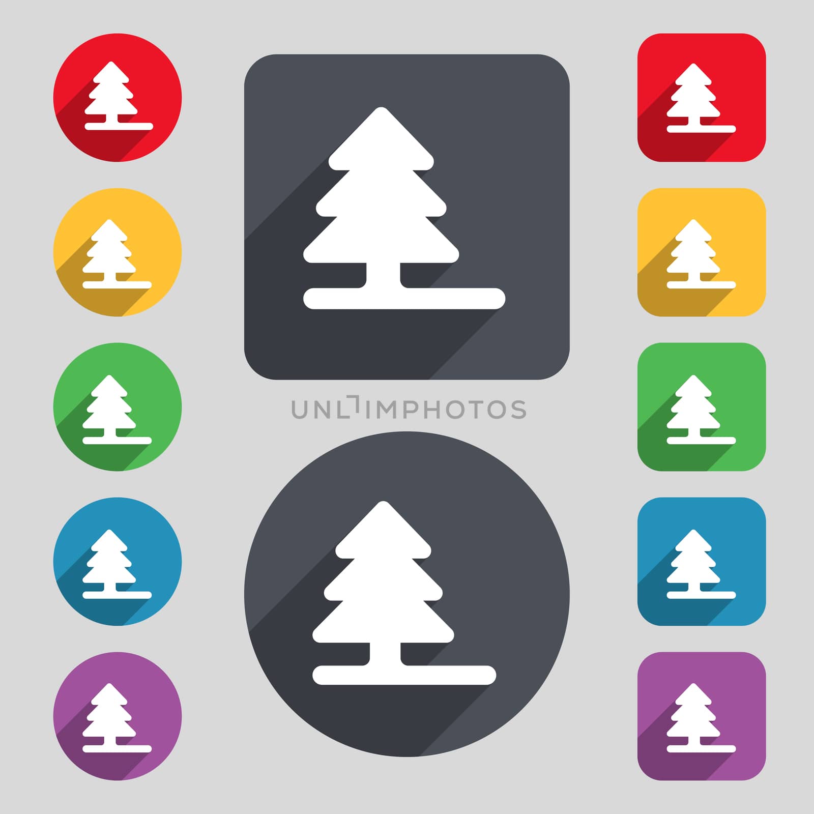 Christmas tree icon sign. A set of 12 colored buttons and a long shadow. Flat design.  by serhii_lohvyniuk