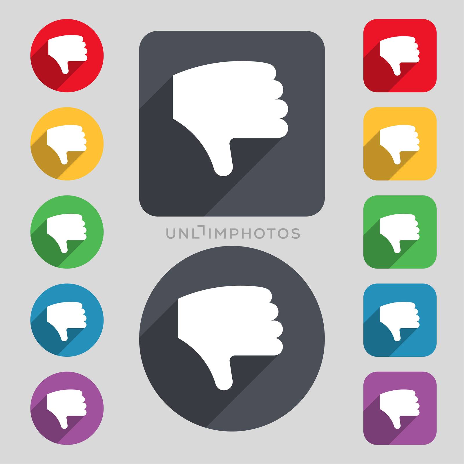 Dislike, Thumb down, Hand finger down icon sign. A set of 12 colored buttons and a long shadow. Flat design. illustration