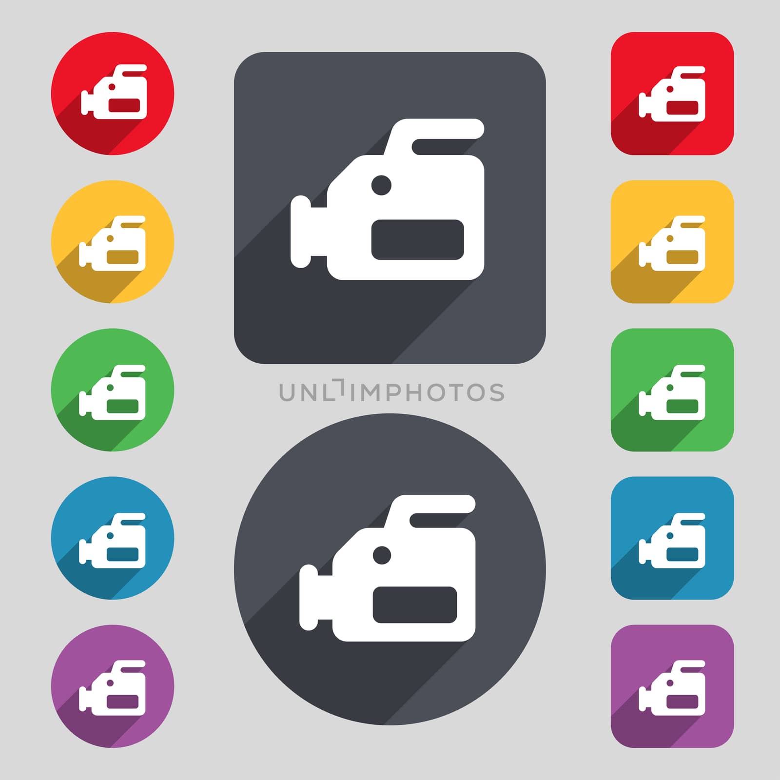 video camera icon sign. A set of 12 colored buttons and a long shadow. Flat design.  by serhii_lohvyniuk