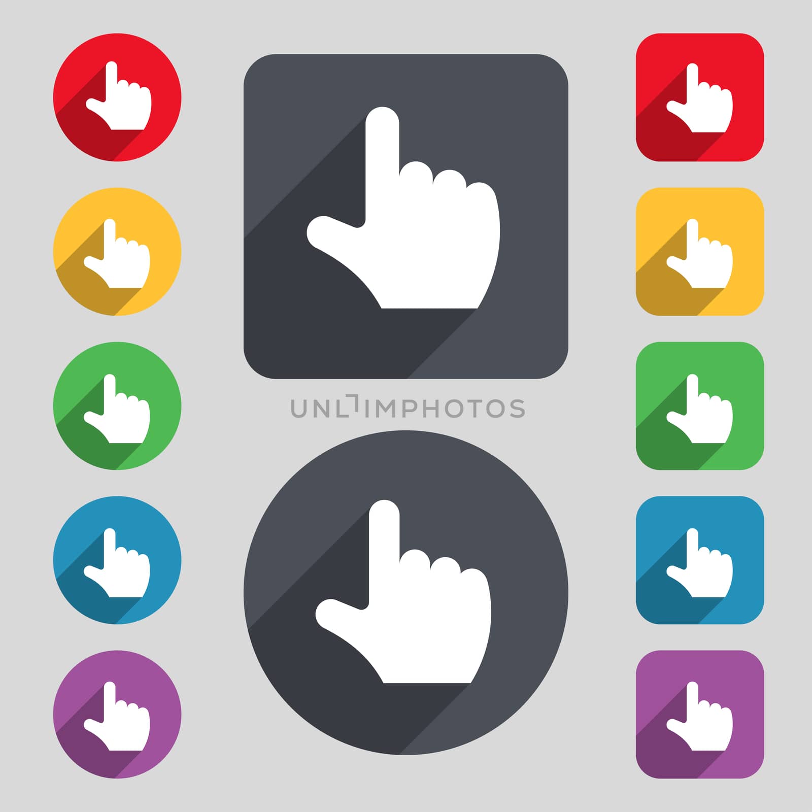 pointing hand icon sign. A set of 12 colored buttons and a long shadow. Flat design. illustration