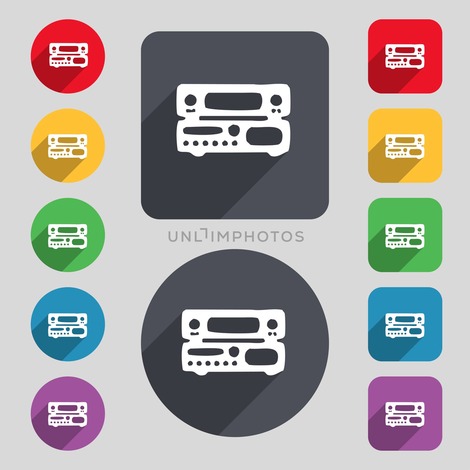 radio, receiver, amplifier icon sign. A set of 12 colored buttons and a long shadow. Flat design.  by serhii_lohvyniuk