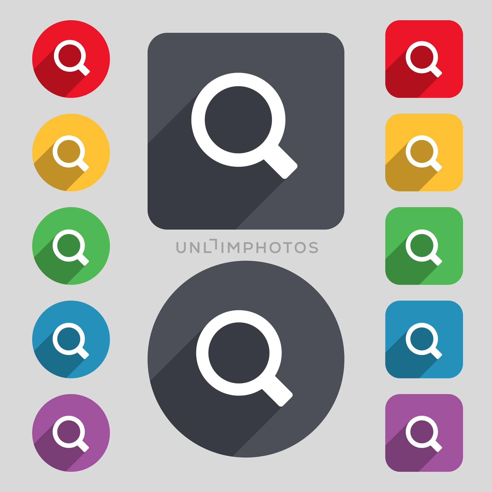 Magnifier glass icon sign. A set of 12 colored buttons and a long shadow. Flat design.  by serhii_lohvyniuk