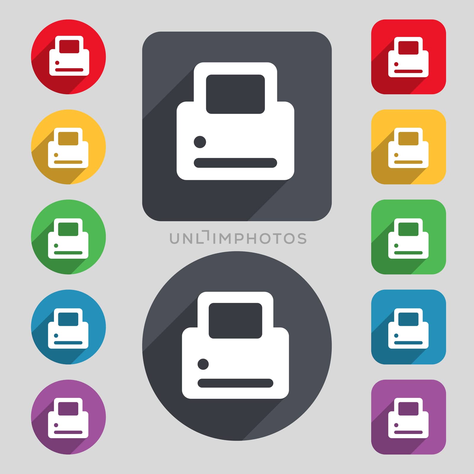 Printing icon sign. A set of 12 colored buttons and a long shadow. Flat design. illustration