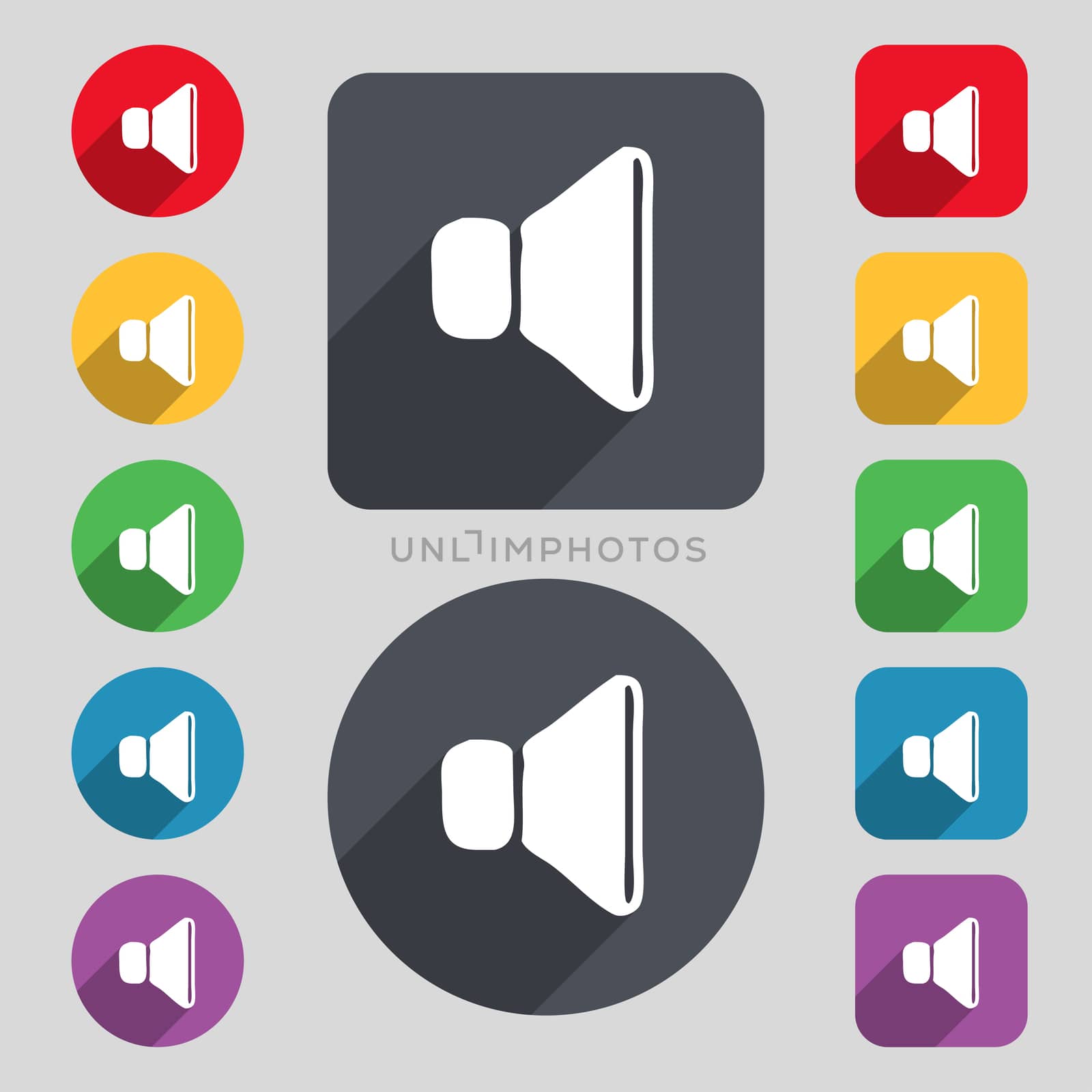 volume, sound icon sign. A set of 12 colored buttons and a long shadow. Flat design. illustration