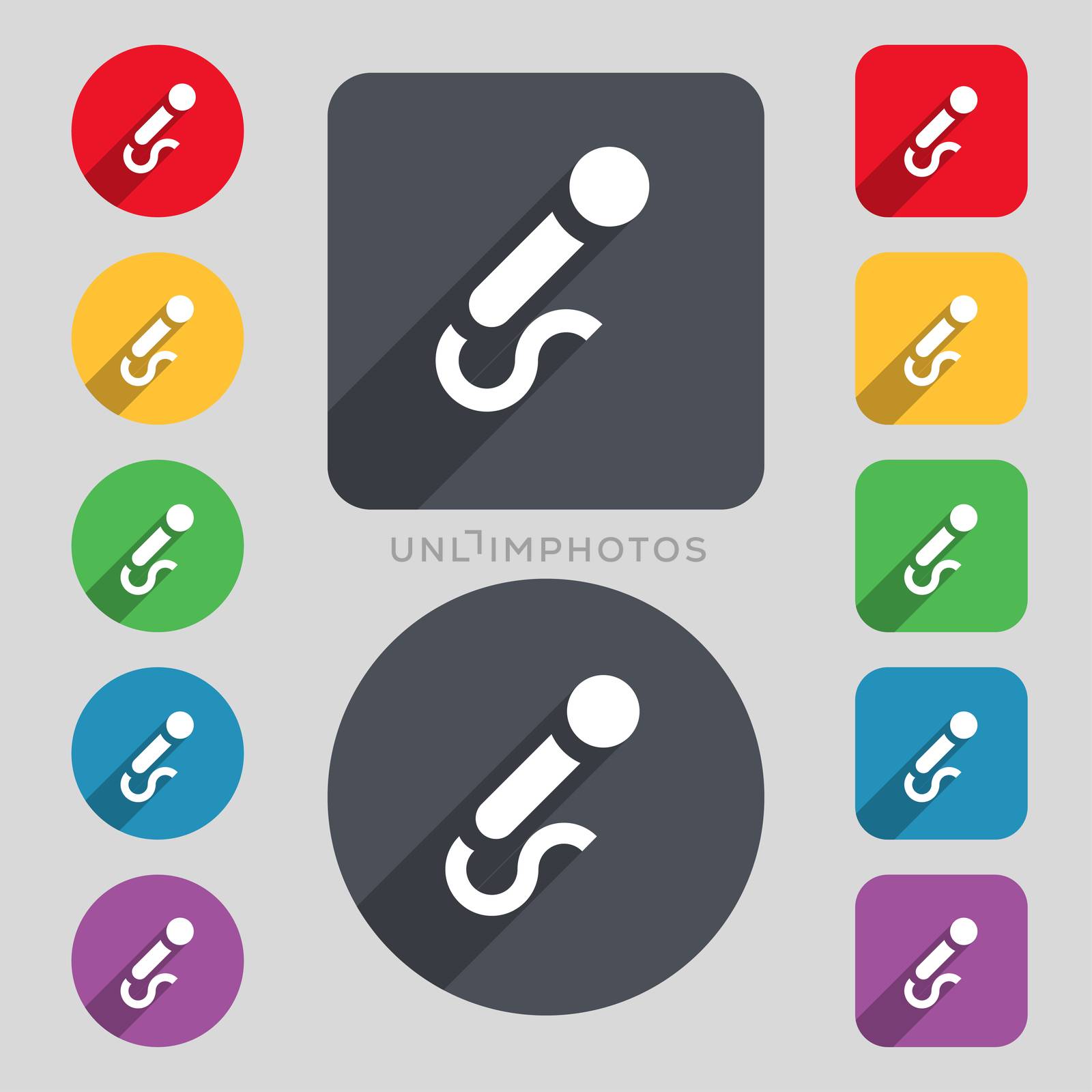 microphone icon sign. A set of 12 colored buttons and a long shadow. Flat design.  by serhii_lohvyniuk