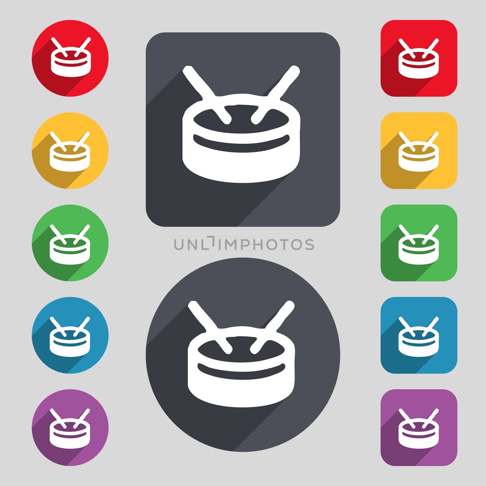 drum icon sign. A set of 12 colored buttons and a long shadow. Flat design. illustration