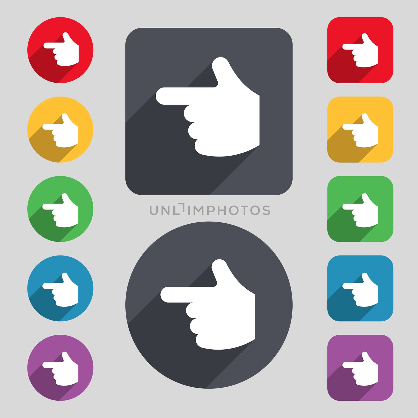 pointing hand icon sign. A set of 12 colored buttons and a long shadow. Flat design.  by serhii_lohvyniuk