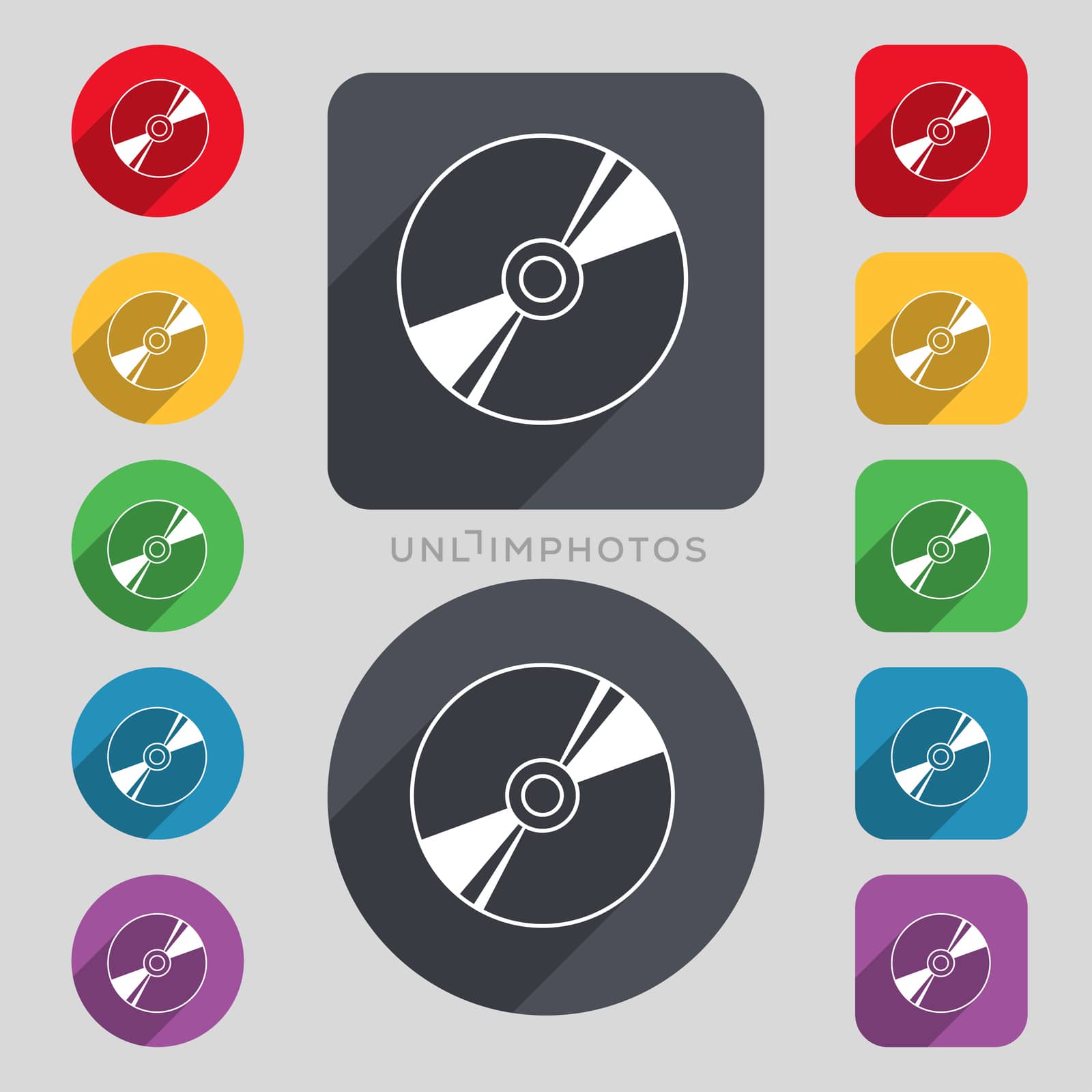 Cd, DVD, compact disk, blue ray icon sign. A set of 12 colored buttons and a long shadow. Flat design. illustration