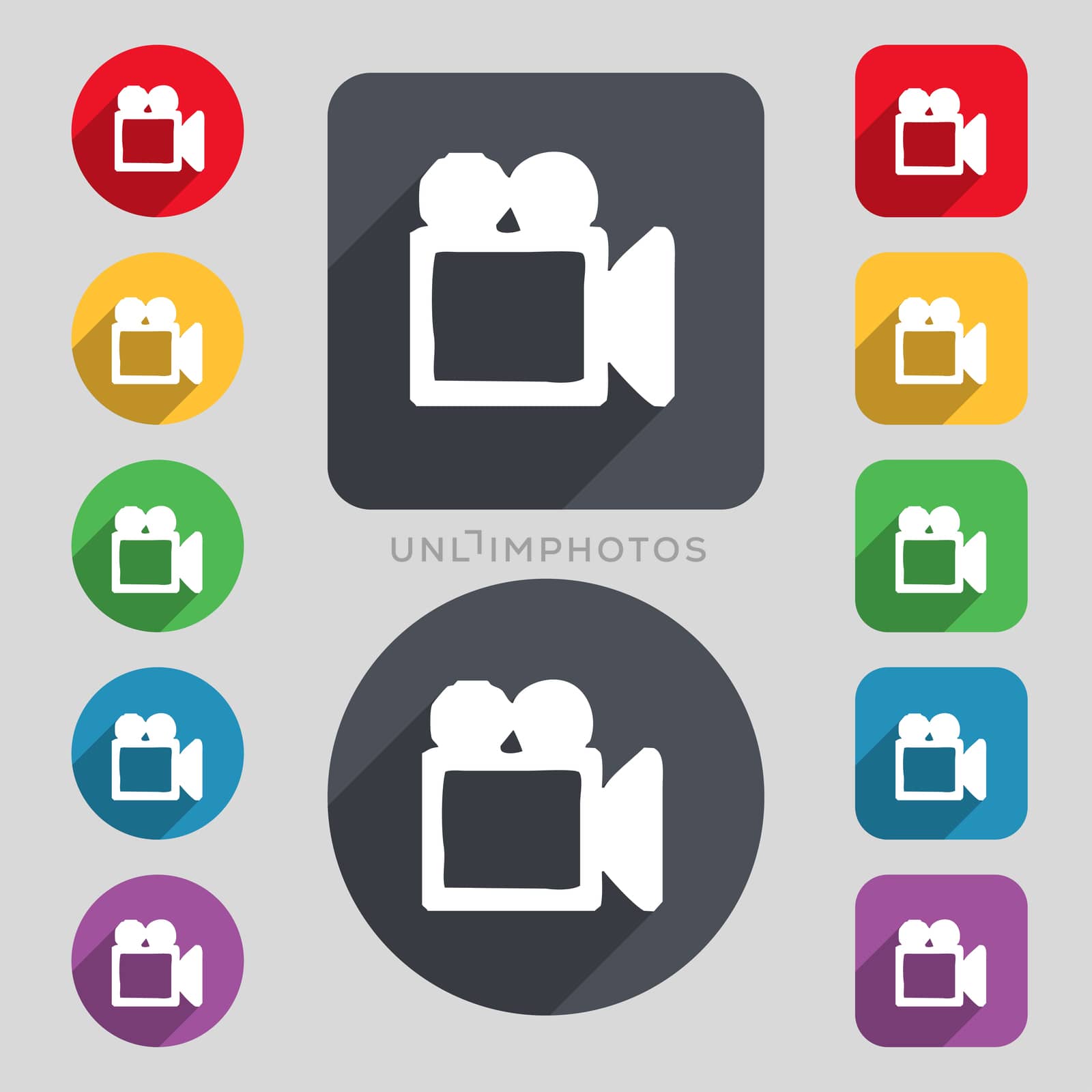 camcorder icon sign. A set of 12 colored buttons and a long shadow. Flat design.  by serhii_lohvyniuk