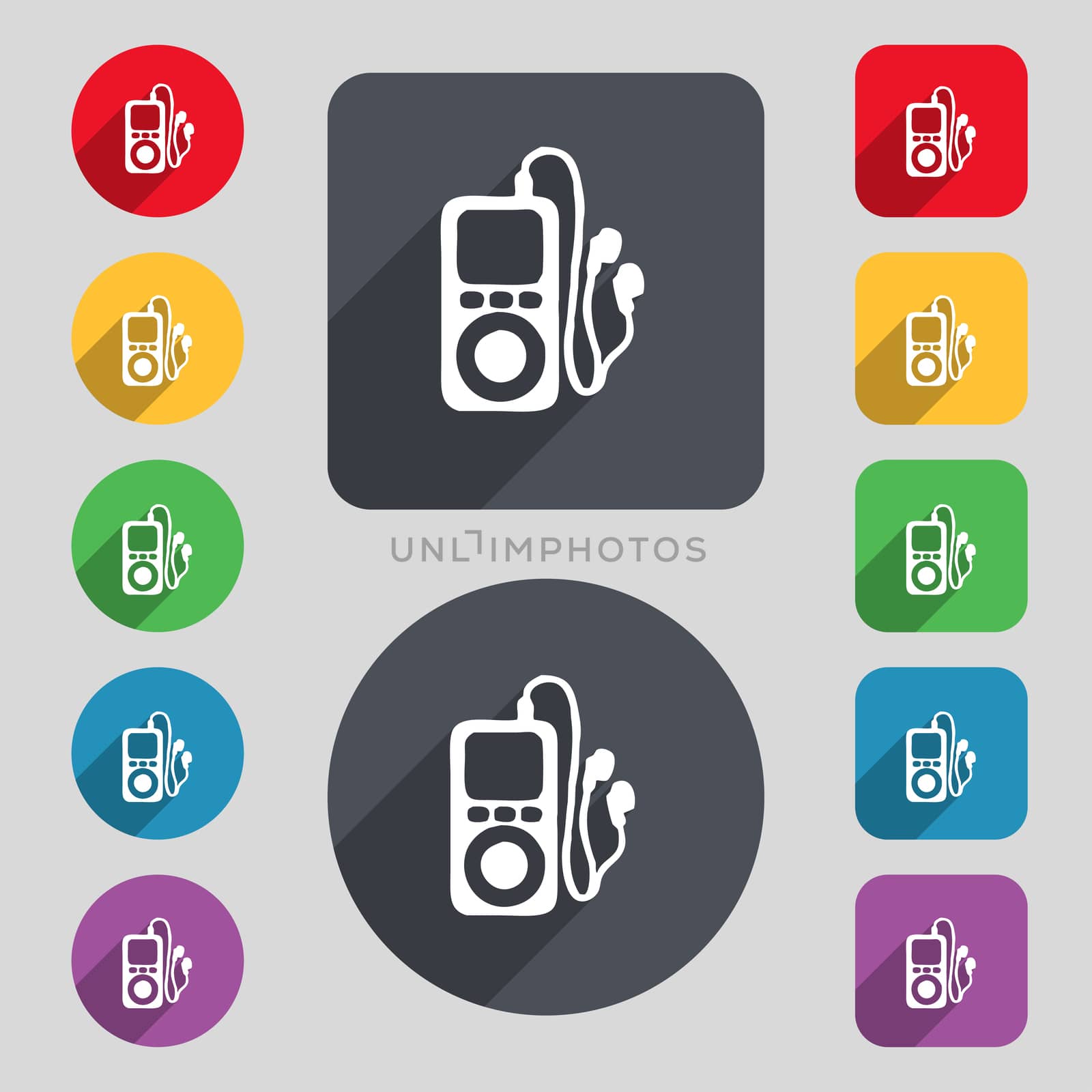 MP3 player, headphones, music icon sign. A set of 12 colored buttons and a long shadow. Flat design.  by serhii_lohvyniuk