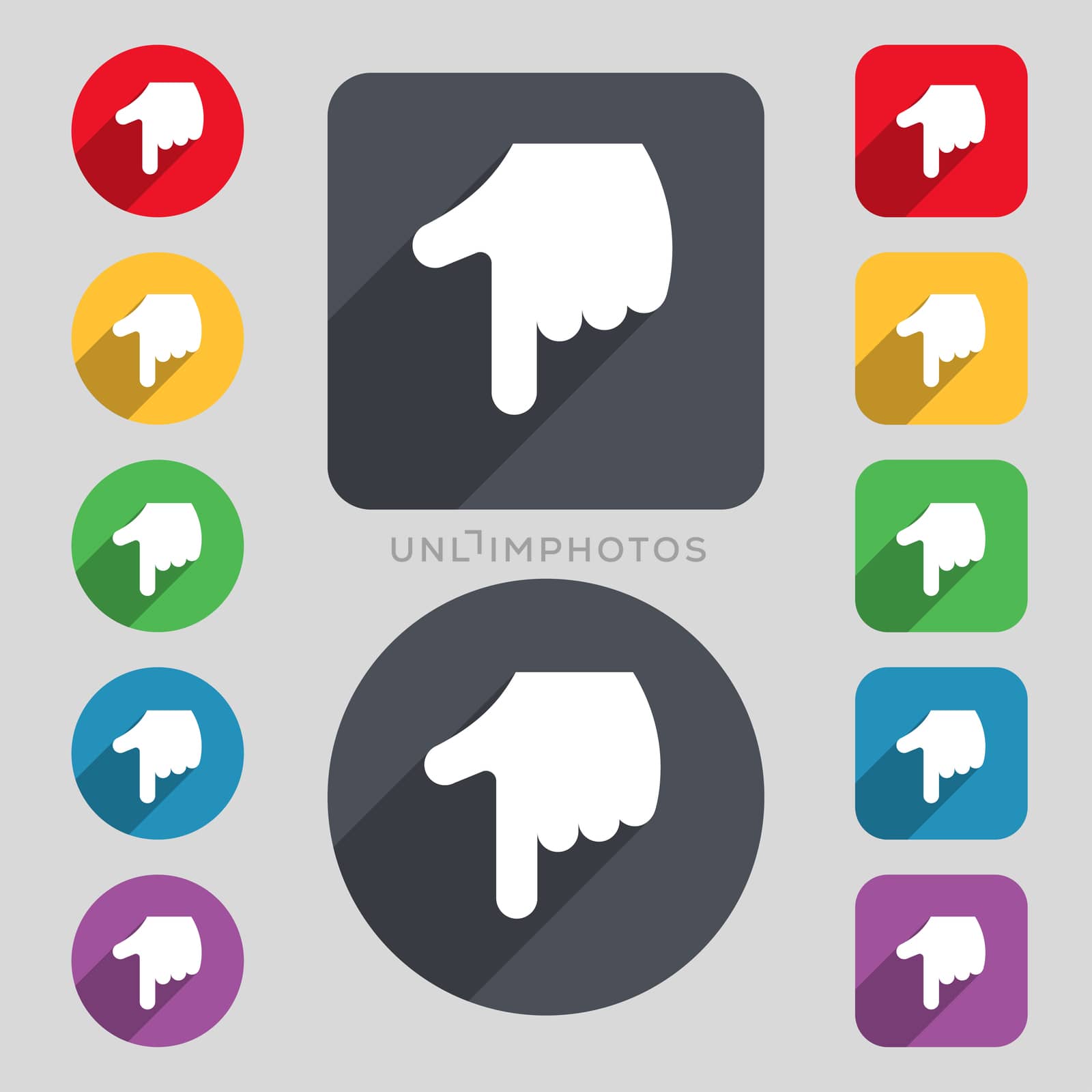 pointing hand icon sign. A set of 12 colored buttons and a long shadow. Flat design.  by serhii_lohvyniuk